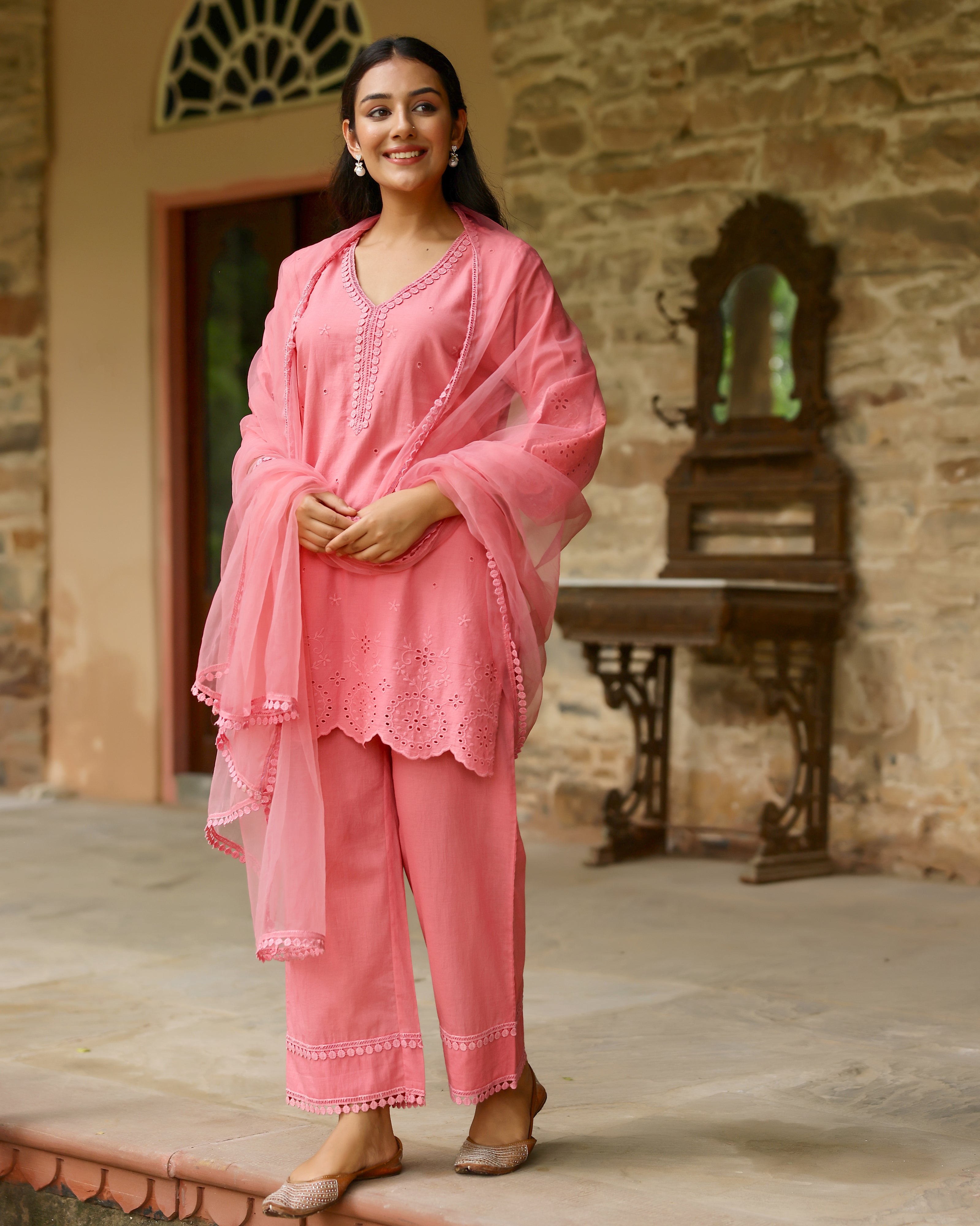 Radiant Coral Schiffli Cotton Suit Set with Organza Dupatta