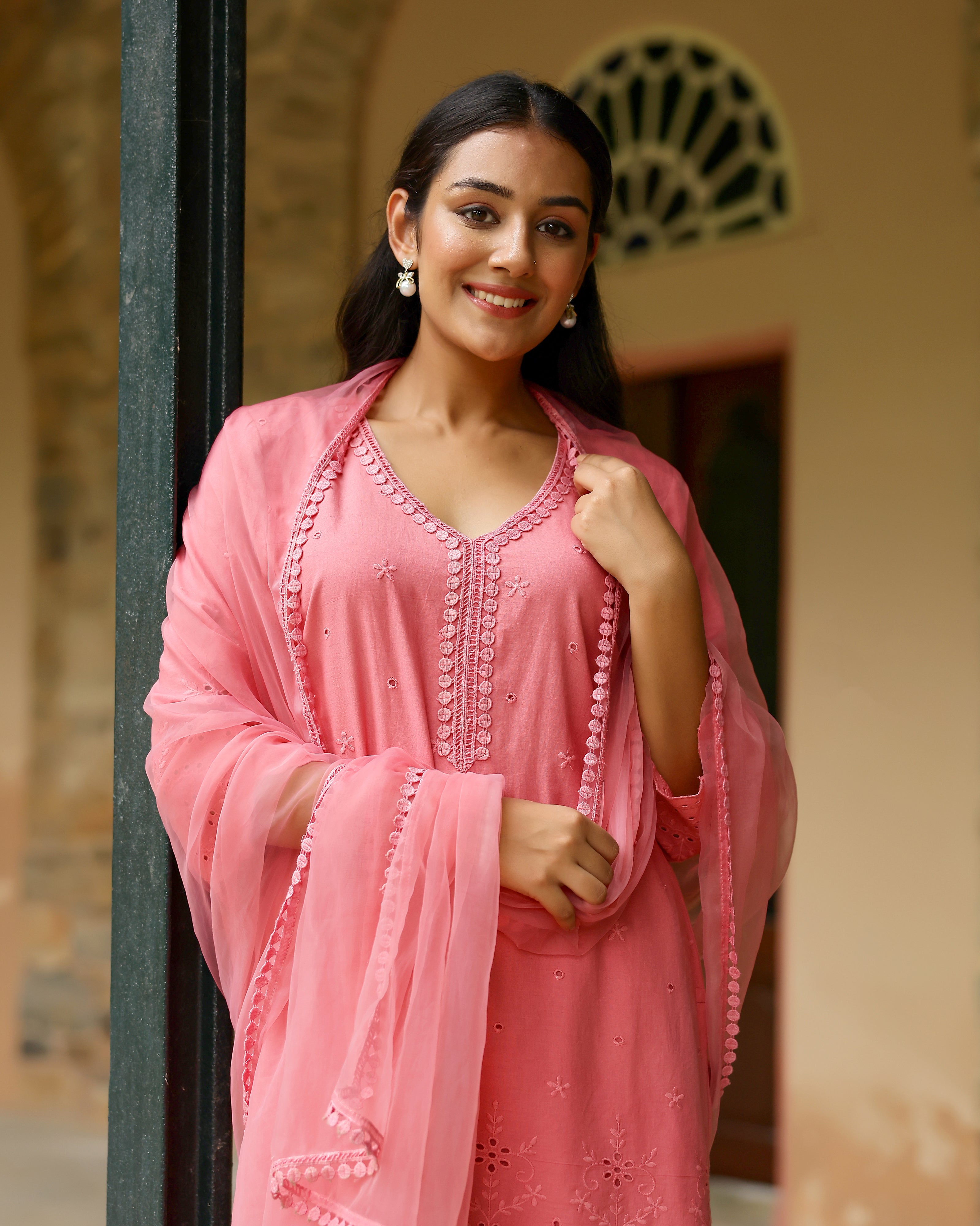 Radiant Coral Schiffli Cotton Suit Set with Organza Dupatta