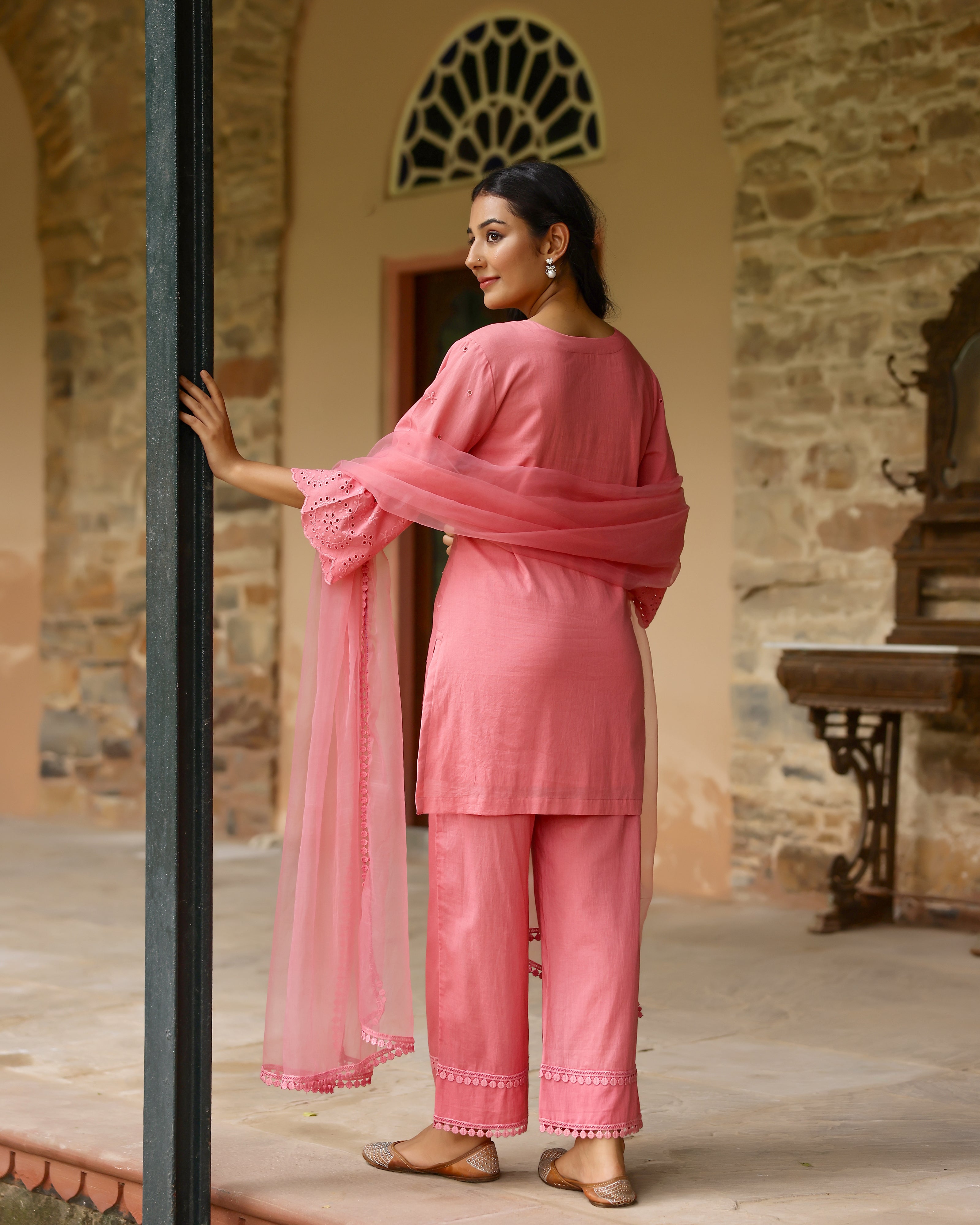 Radiant Coral Schiffli Cotton Suit Set with Organza Dupatta