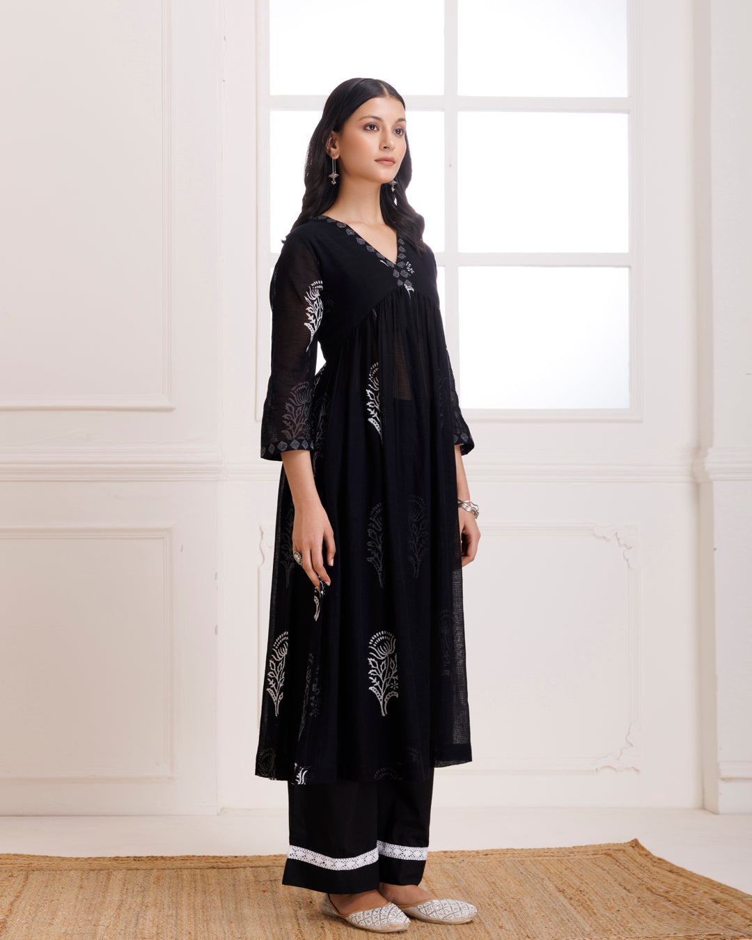 Black Butta Hand Block Printed Moonga Cotton Gathered Suit Set