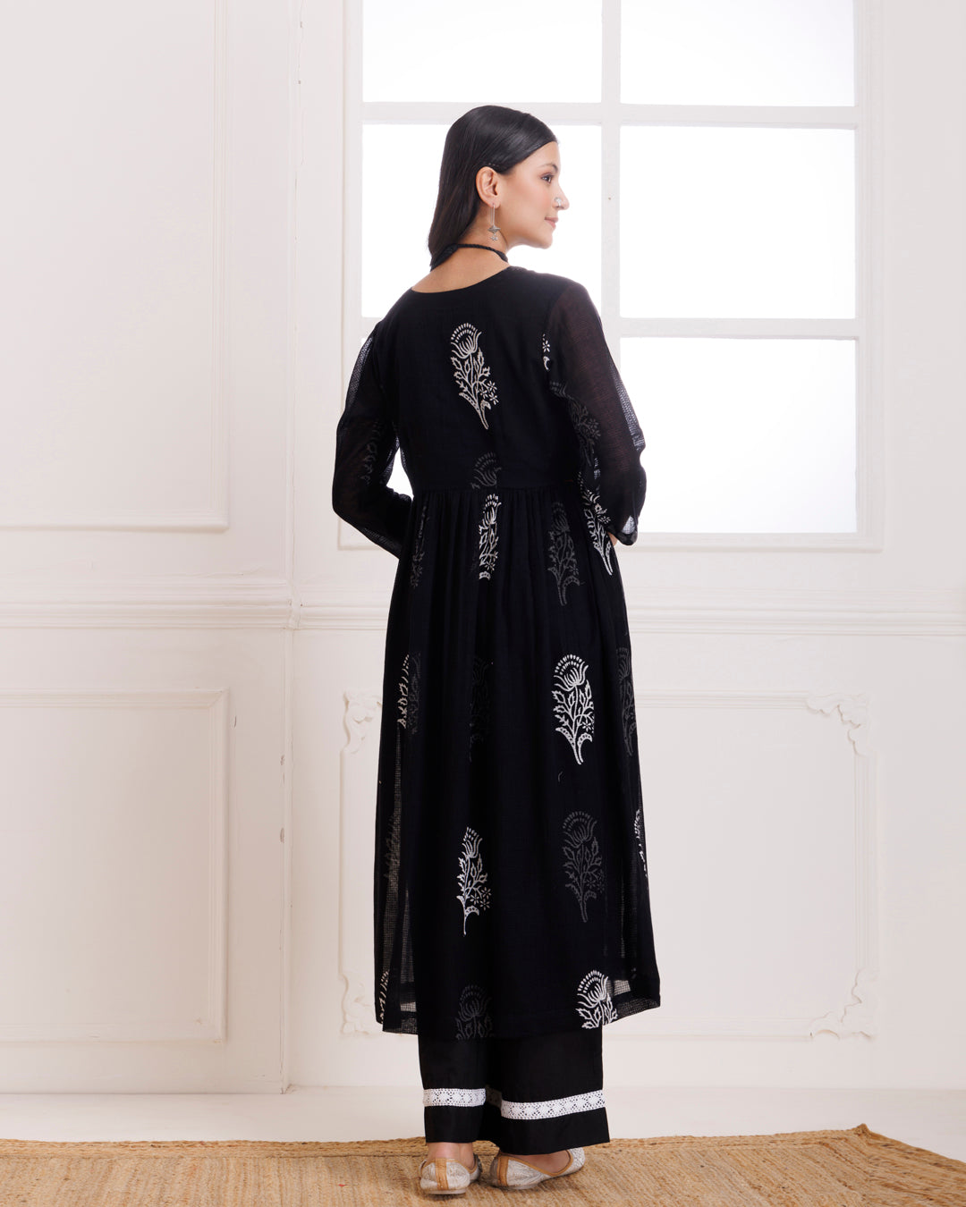 Black Butta Hand Block Printed Moonga Cotton Gathered Suit Set
