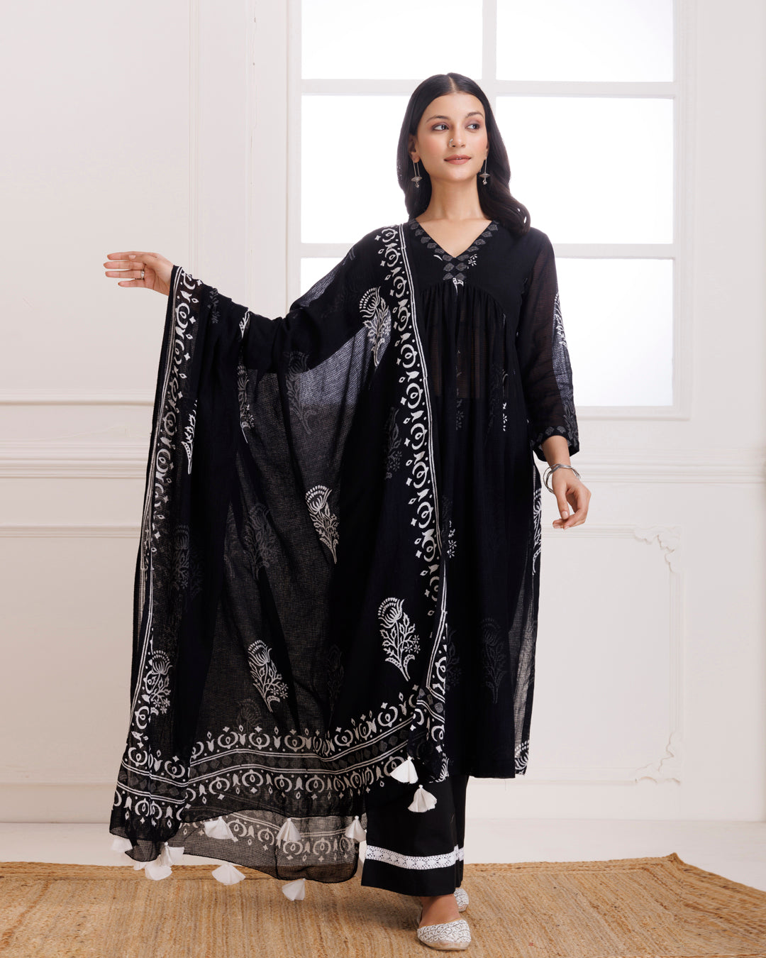 Black Butta Hand Block Printed Moonga Cotton Gathered Suit Set