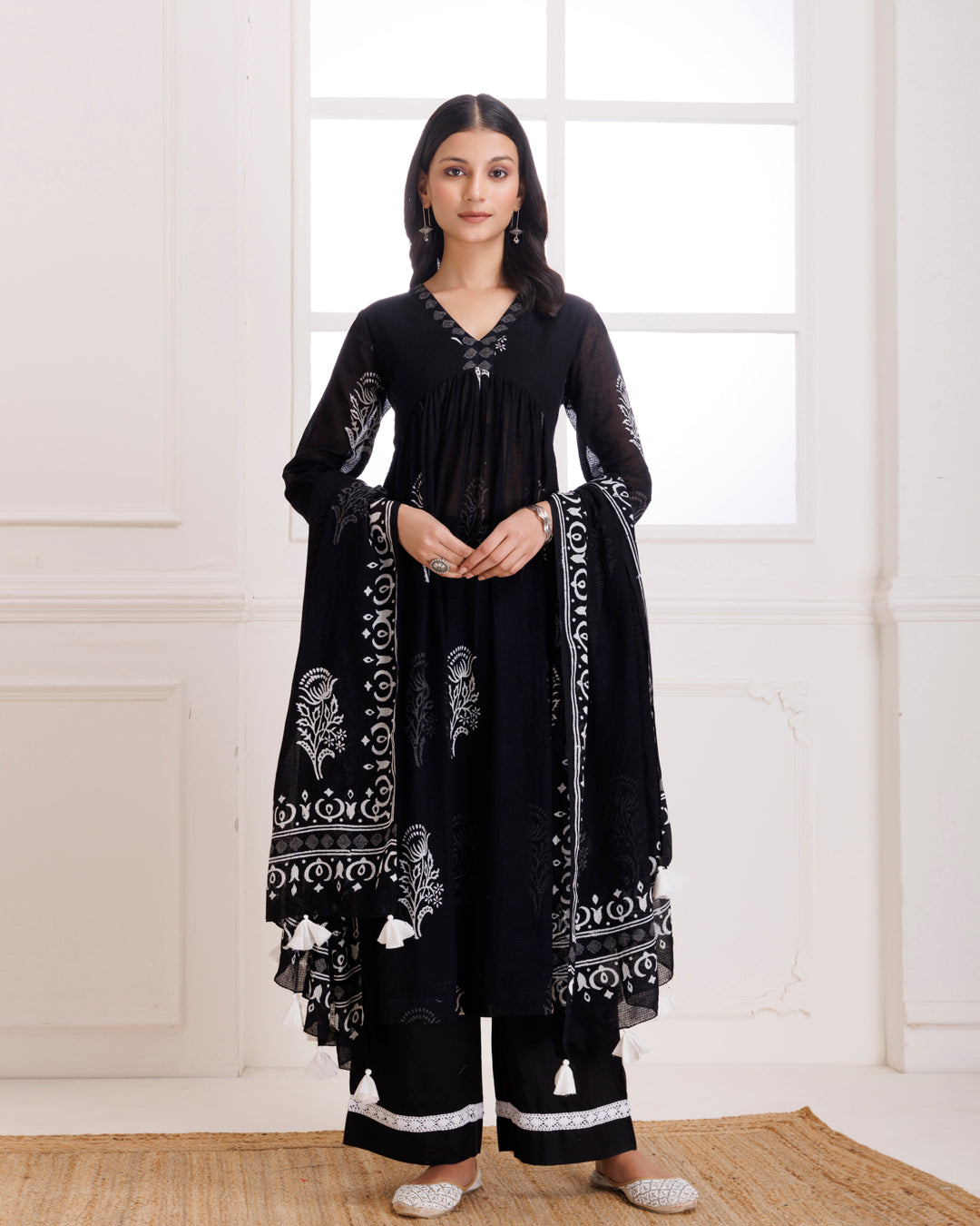 Black Butta Hand Block Printed Moonga Cotton Gathered Suit Set