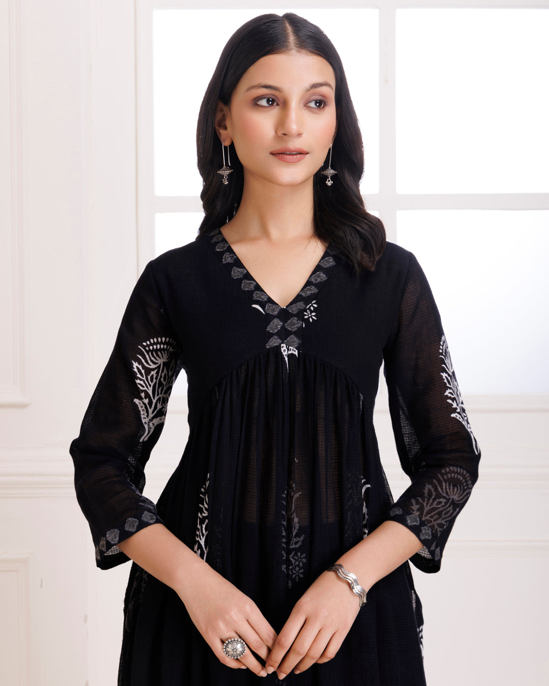 Black Butta Hand Block Printed Moonga Cotton Gathered Suit Set