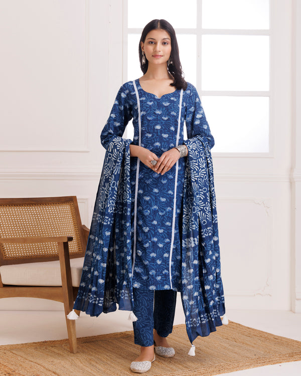 Indigo Lotus Dabu Hand Block Cotton Suit Set