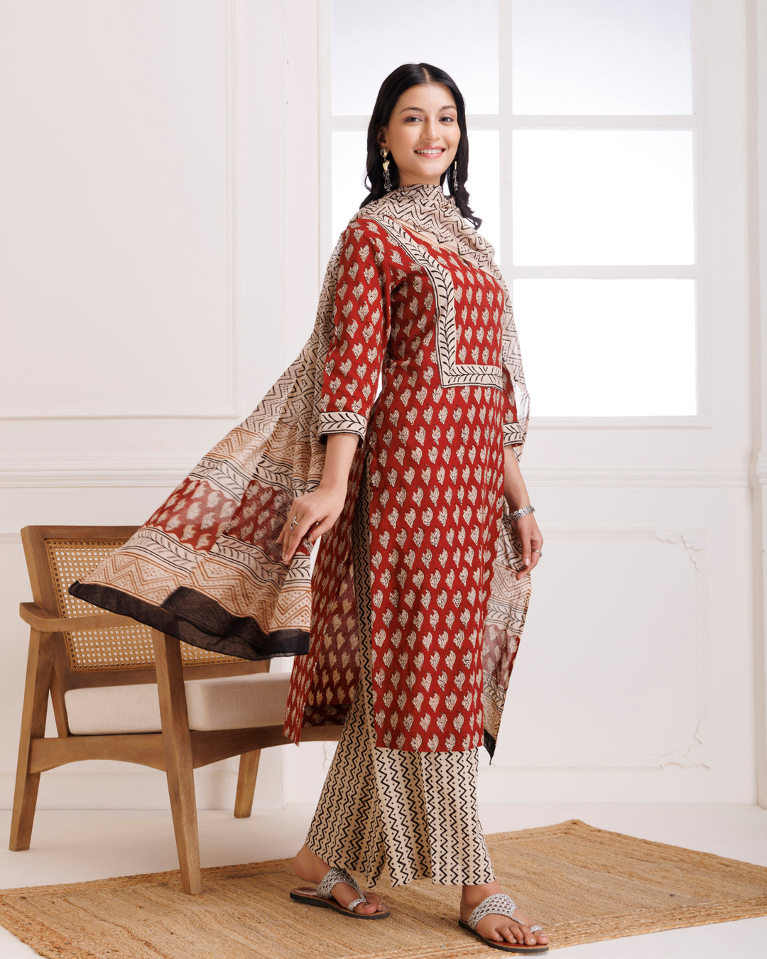 Red Bagru Butti Block Printed Cotton Suit Set