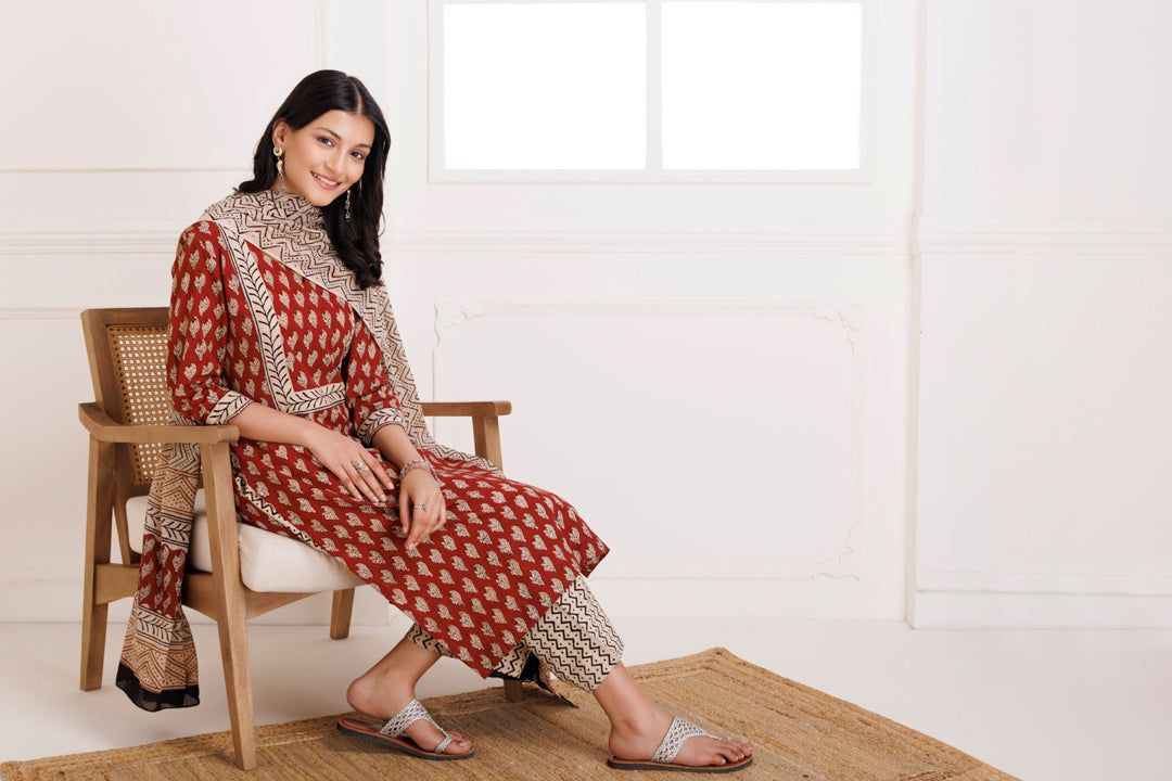 Red Bagru Butti Block Printed Cotton Suit Set