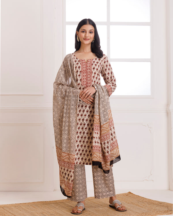 Beige Bagru Hand Block Printed Cotton Suit Set