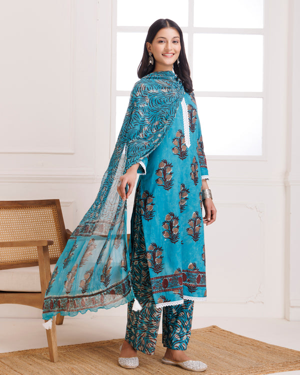 Turquoise Hand Block Printed Cotton Suit Set