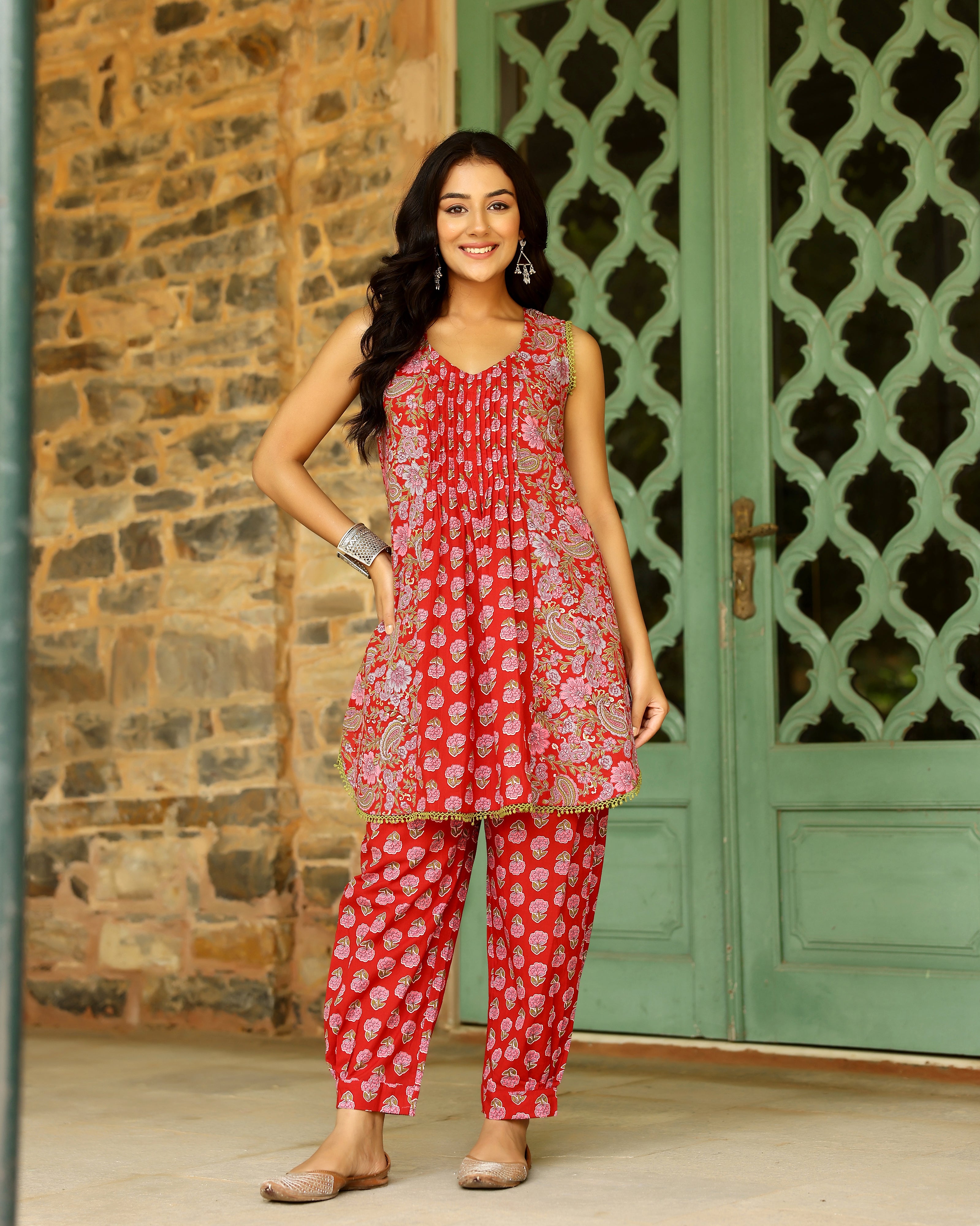 Red Block Printed Cotton Cord Set