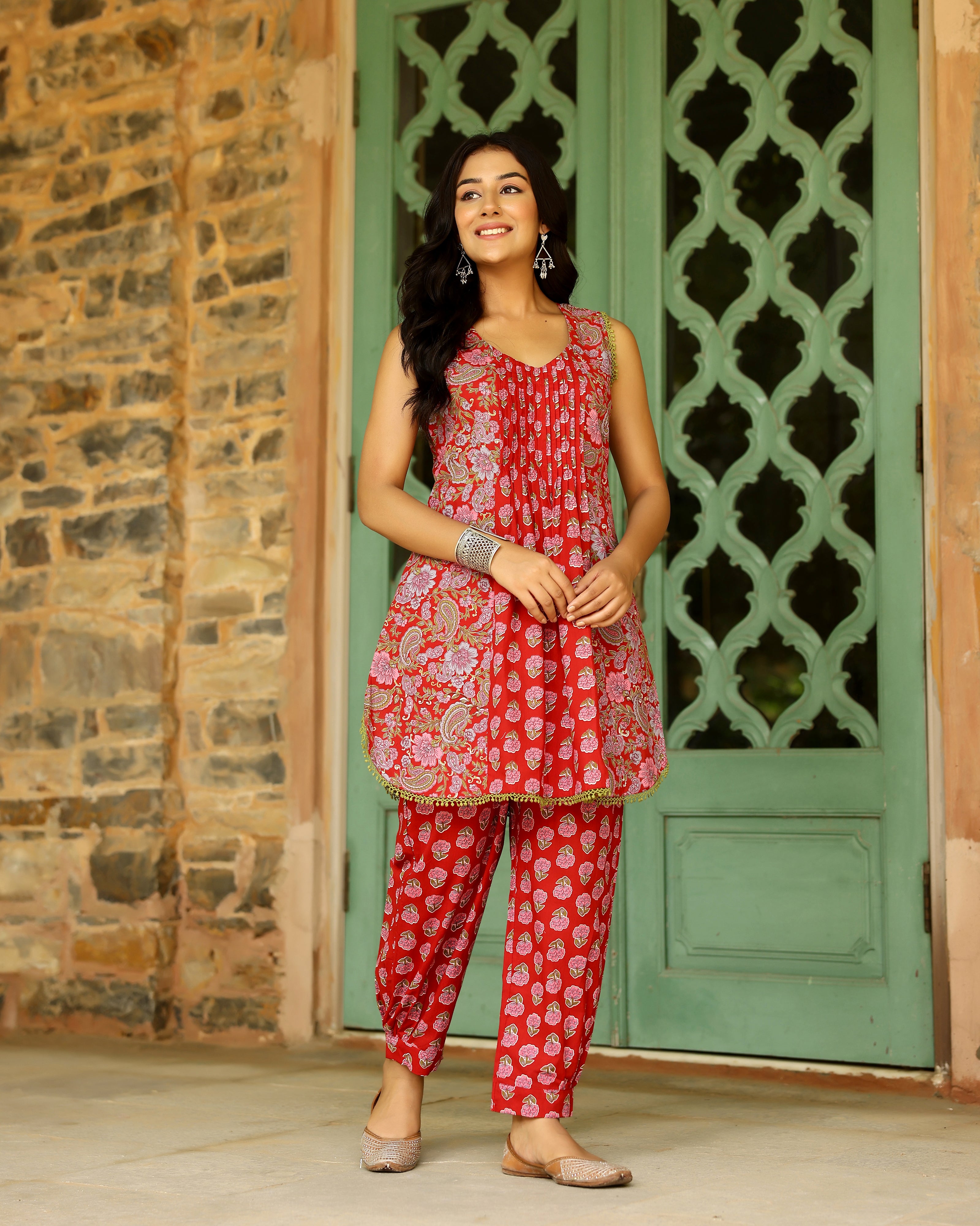 Red Block Printed Cotton Cord Set