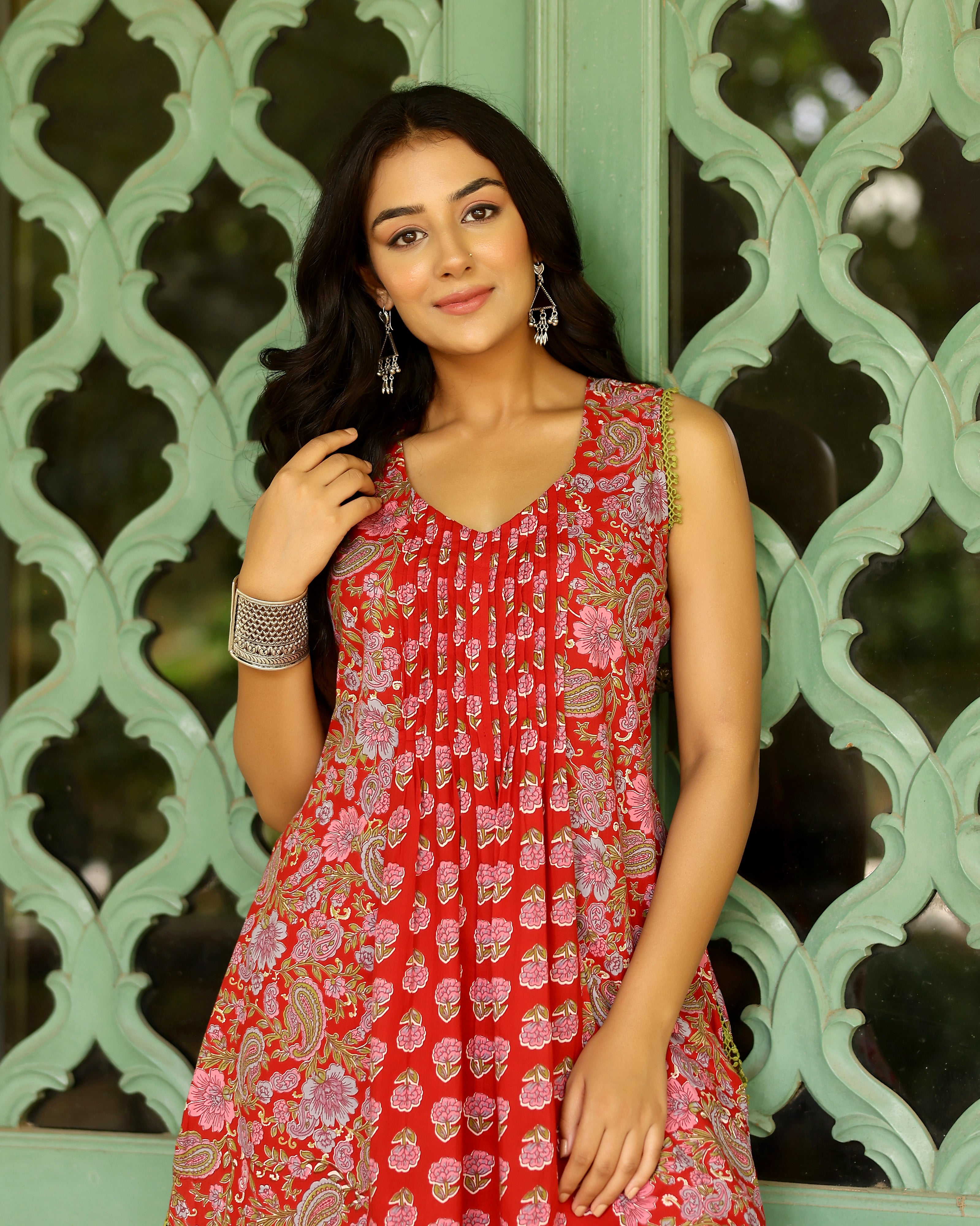 Red Block Printed Cotton Cord Set