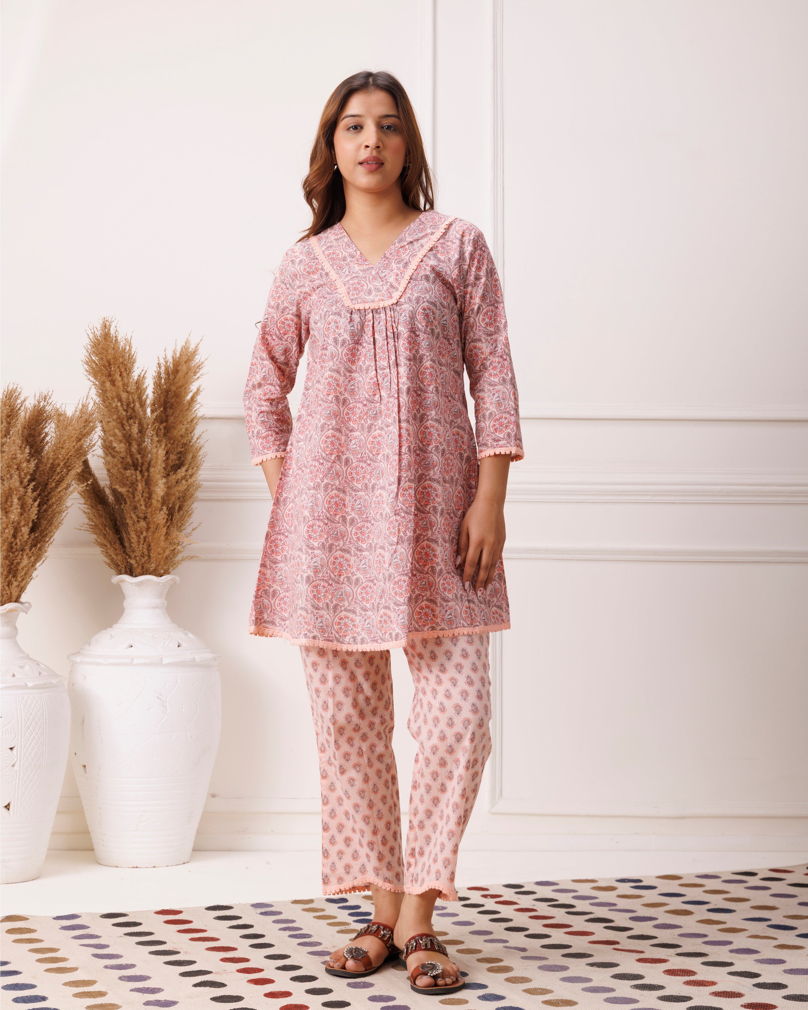 Peach Block Printed Cotton Cord Set