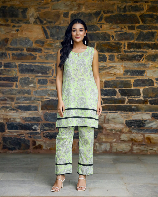 Neon Green Block Printed Cotton Cord Set