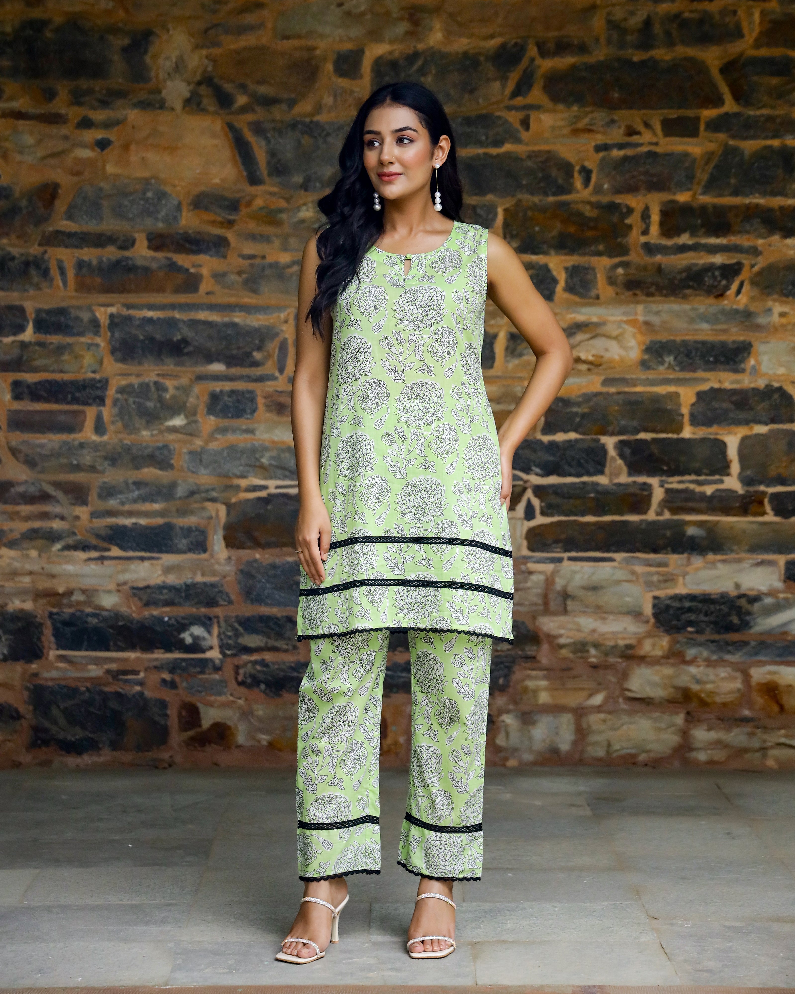 Neon Green Block Printed Cotton Cord Set