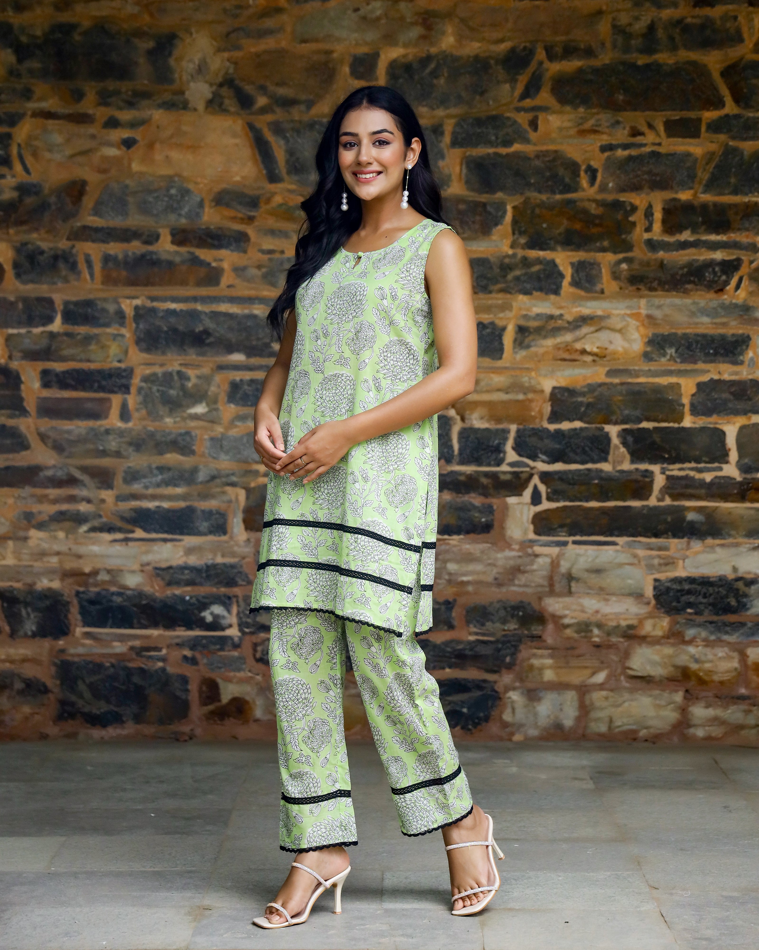 Neon Green Block Printed Cotton Cord Set
