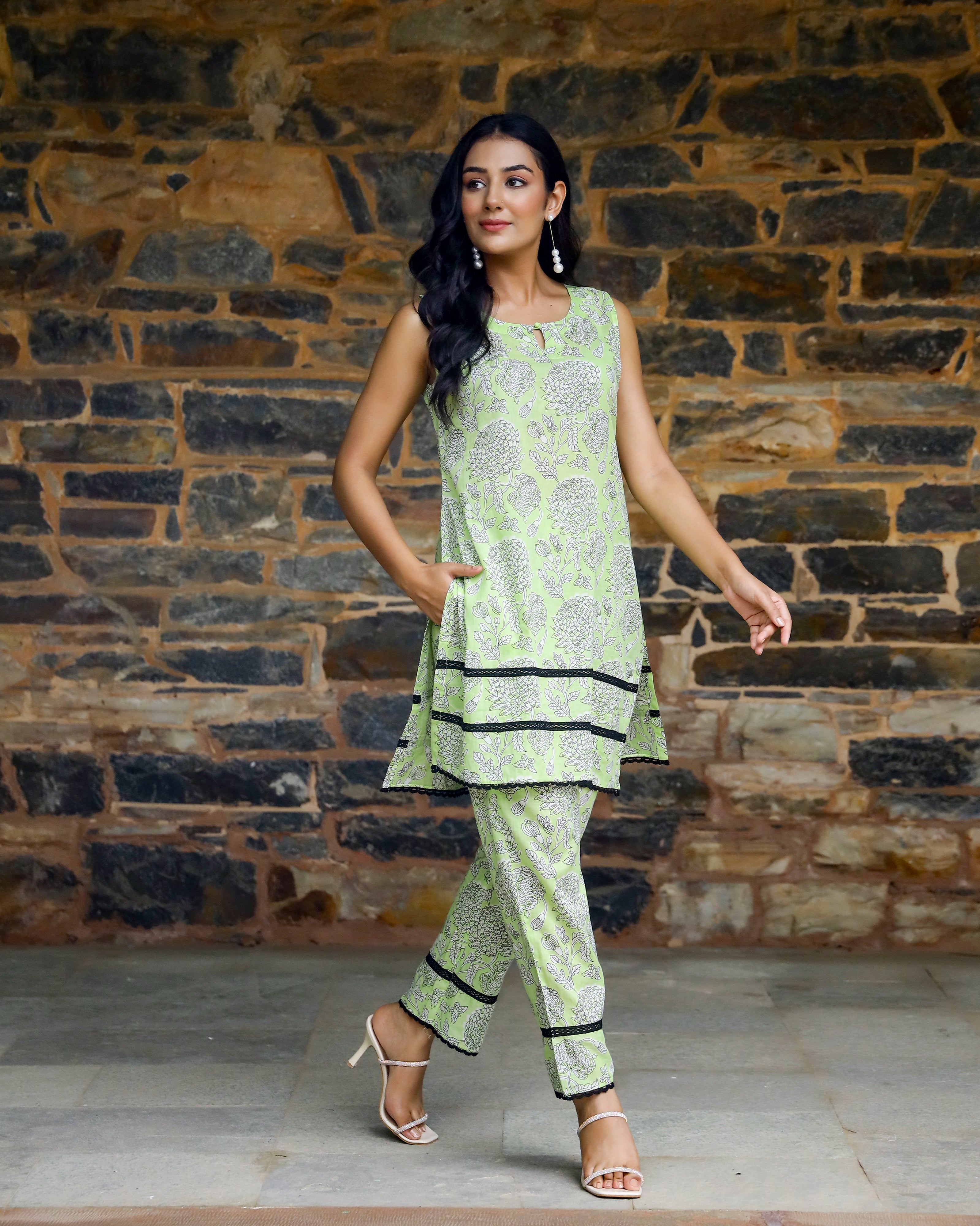 Neon Green Block Printed Cotton Cord Set