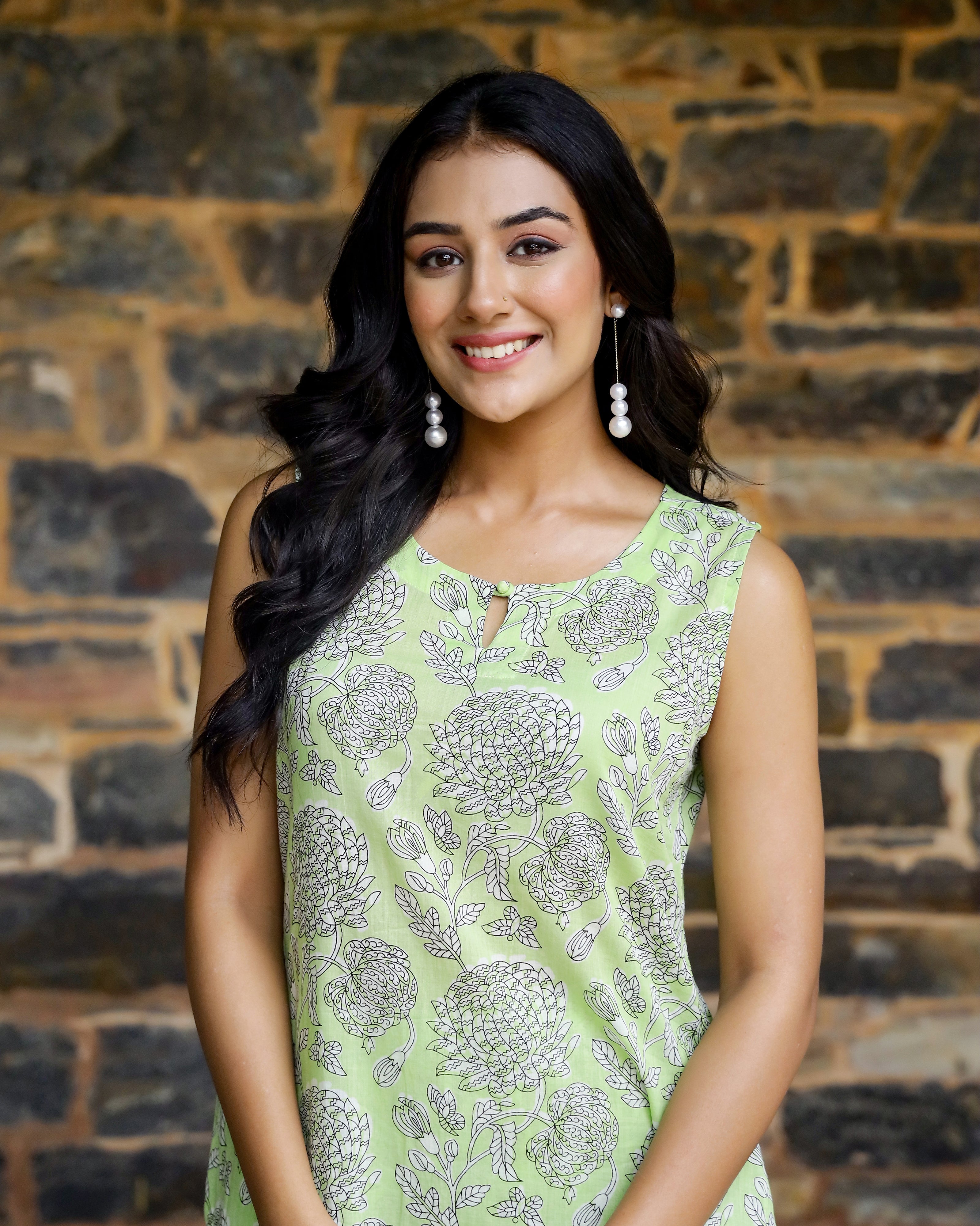Neon Green Block Printed Cotton Cord Set