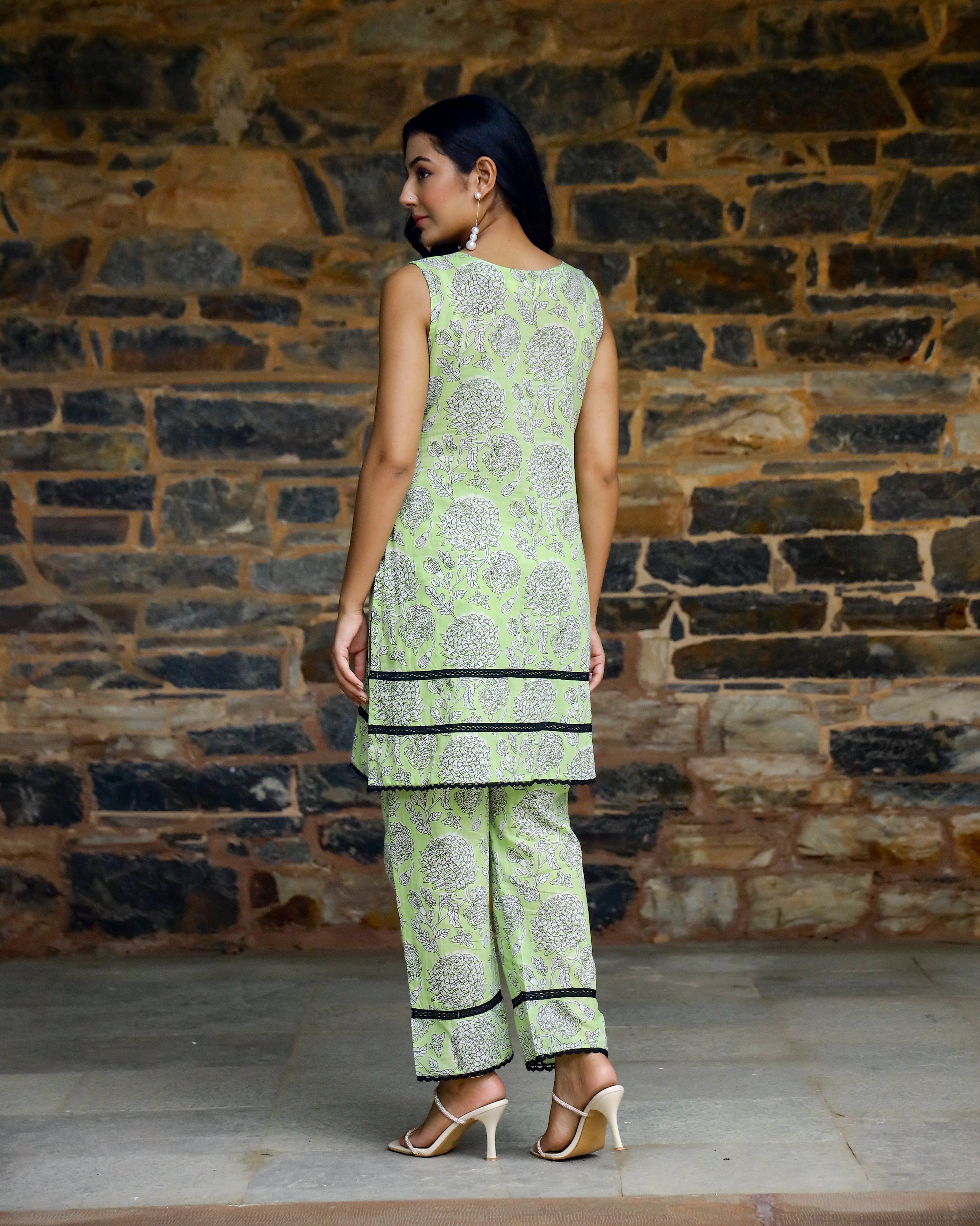 Neon Green Block Printed Cotton Cord Set