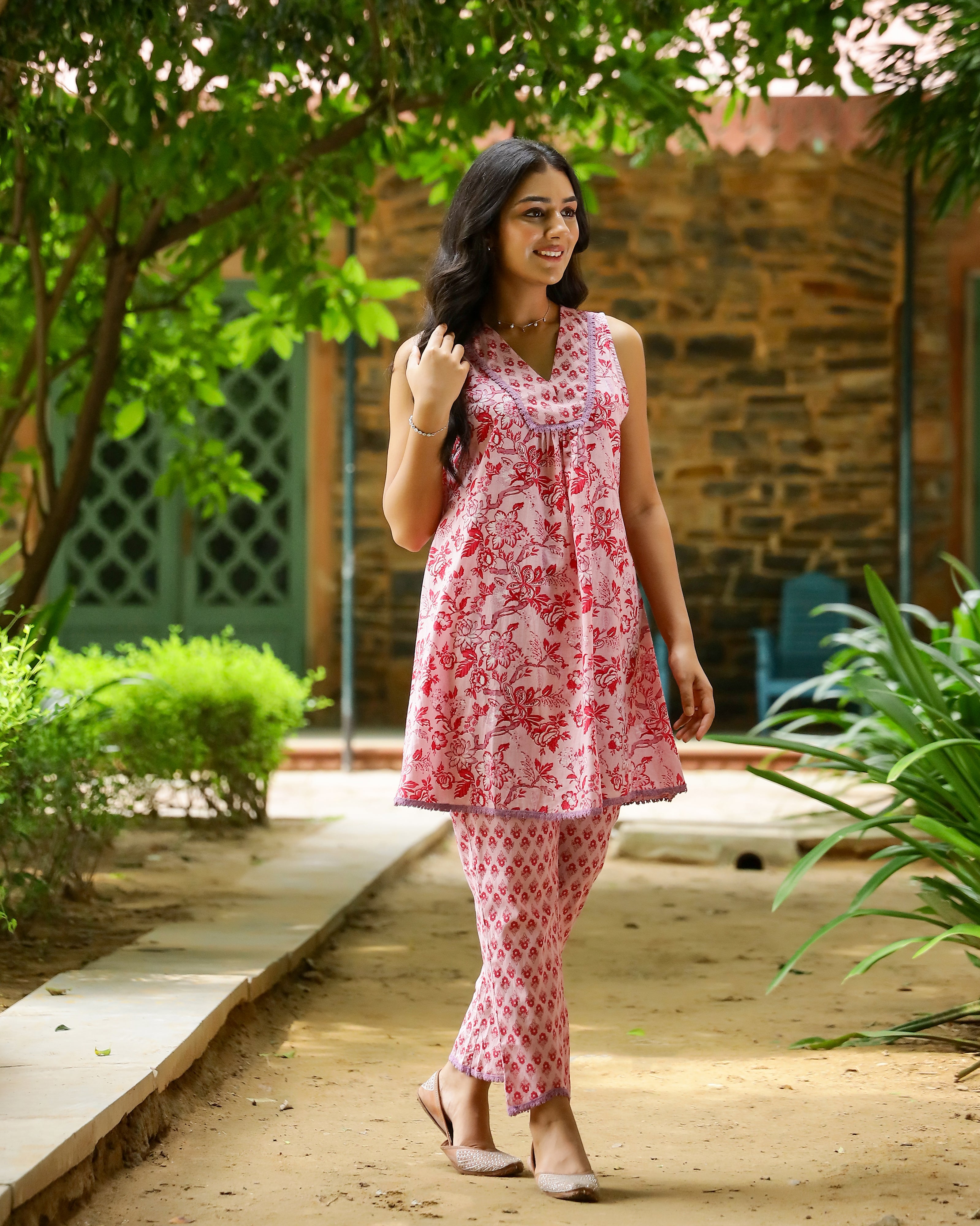 Pink Block Printed Cotton Cord Set