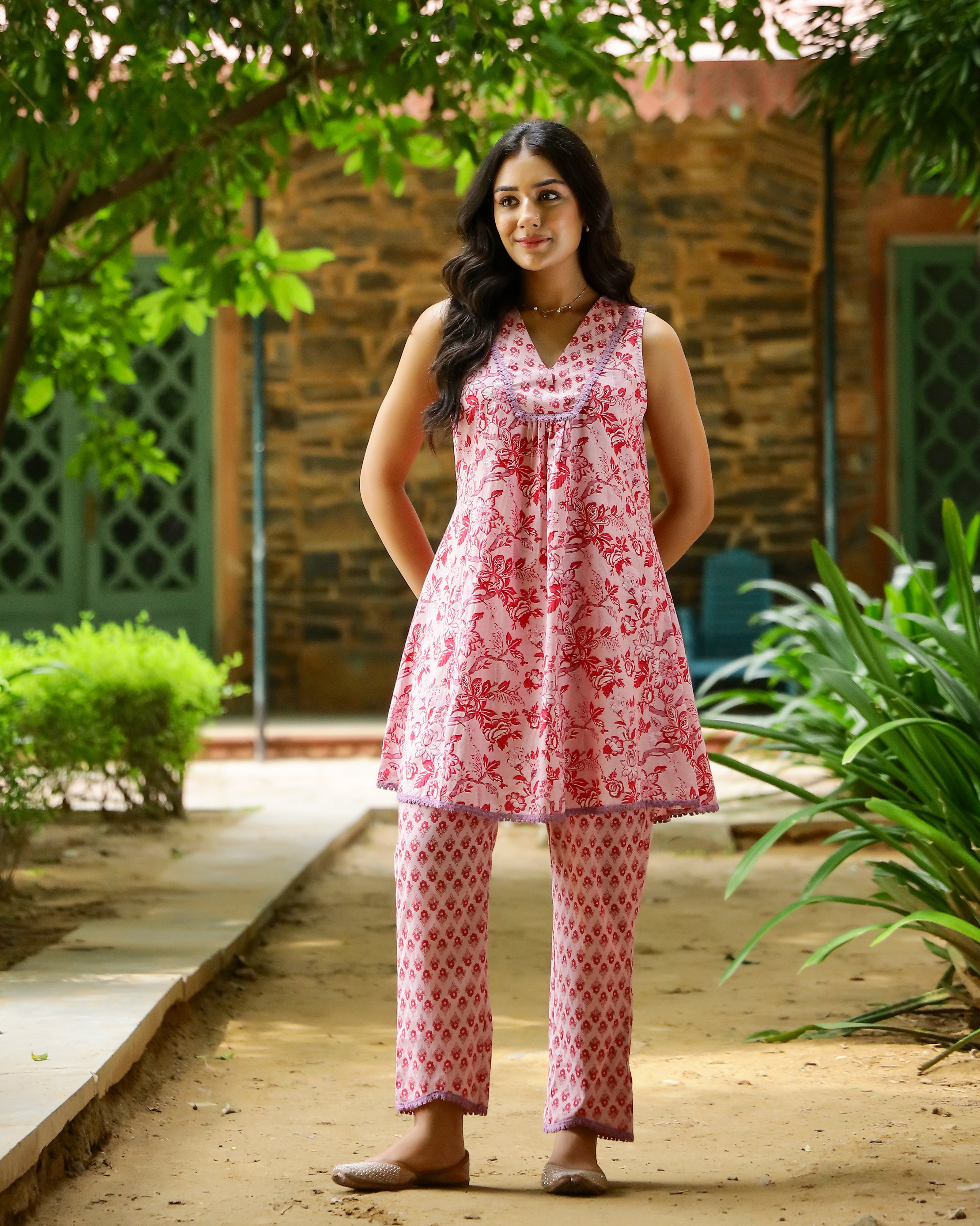 Pink Block Printed Cotton Cord Set