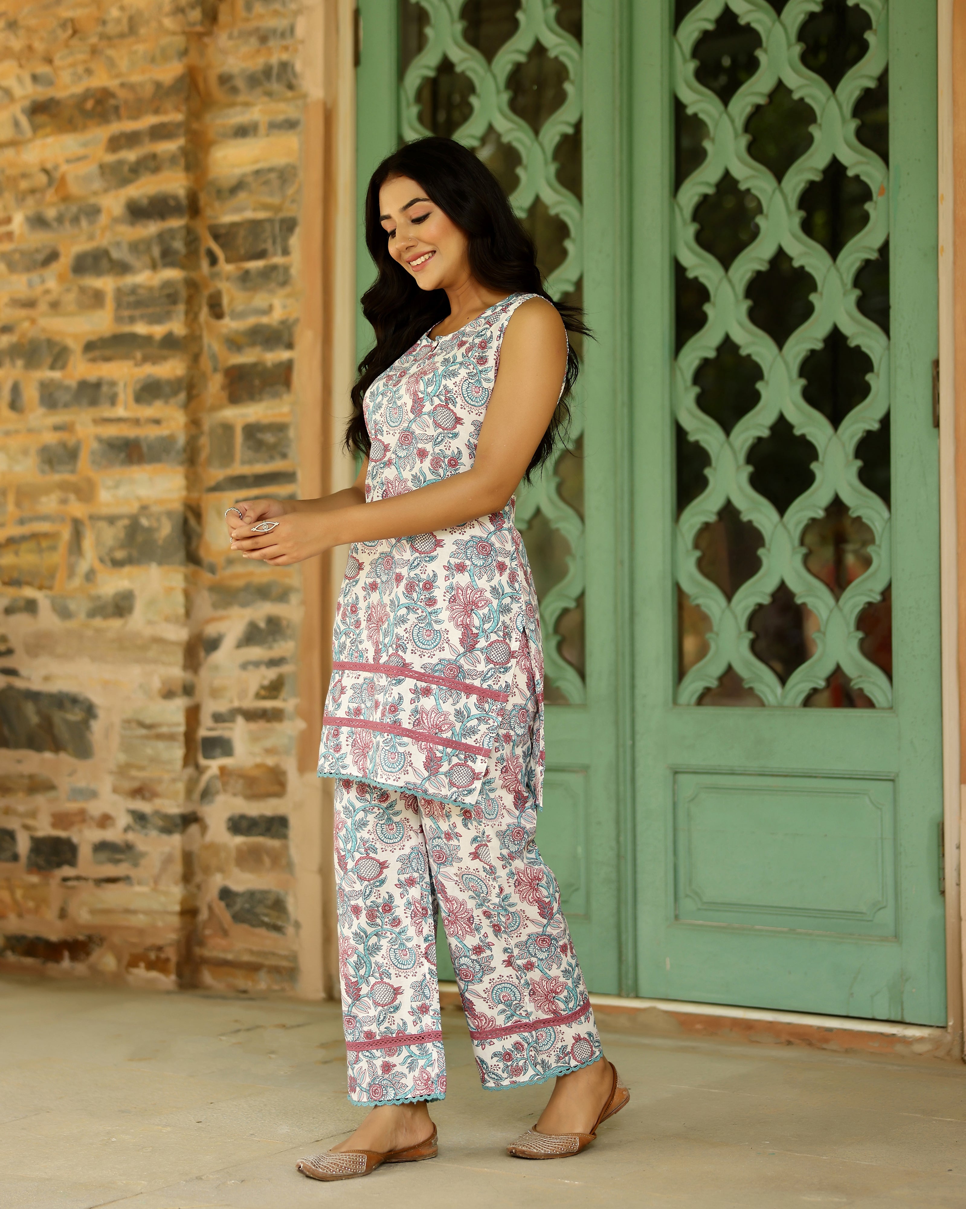 Turquoise Block Printed Cotton Cord Set