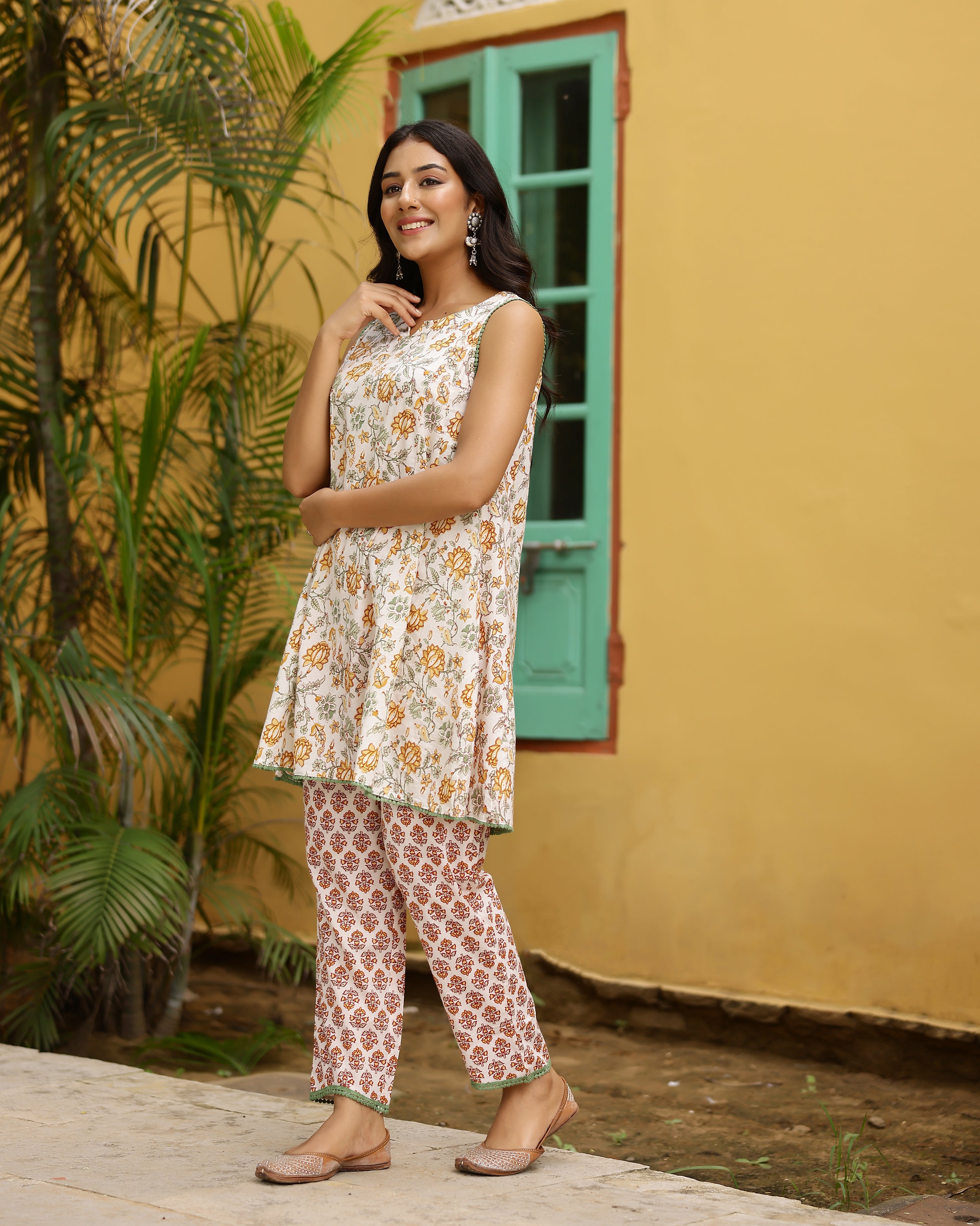 White & Yellow Block Printed Cotton Cord Set