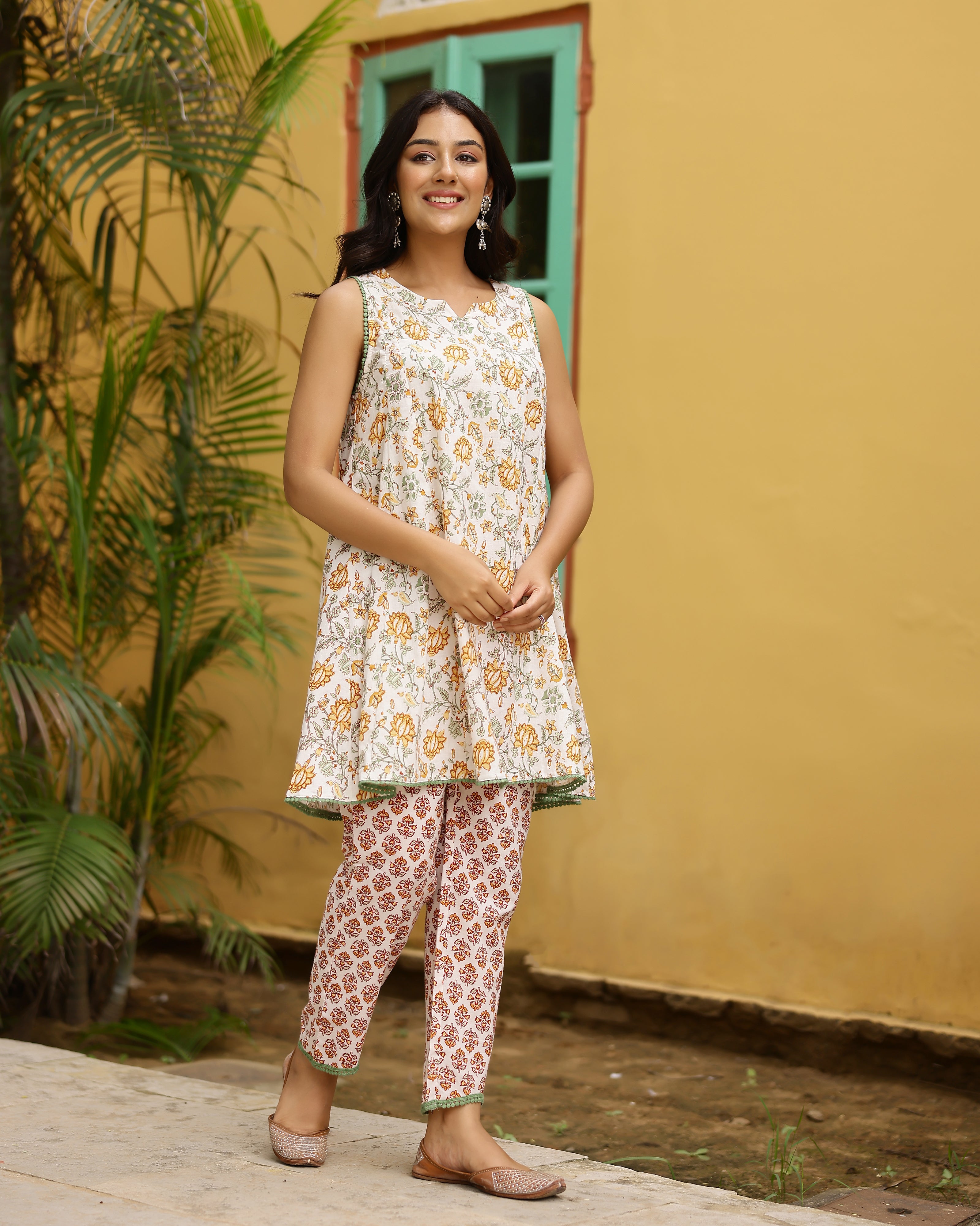White & Yellow Block Printed Cotton Cord Set