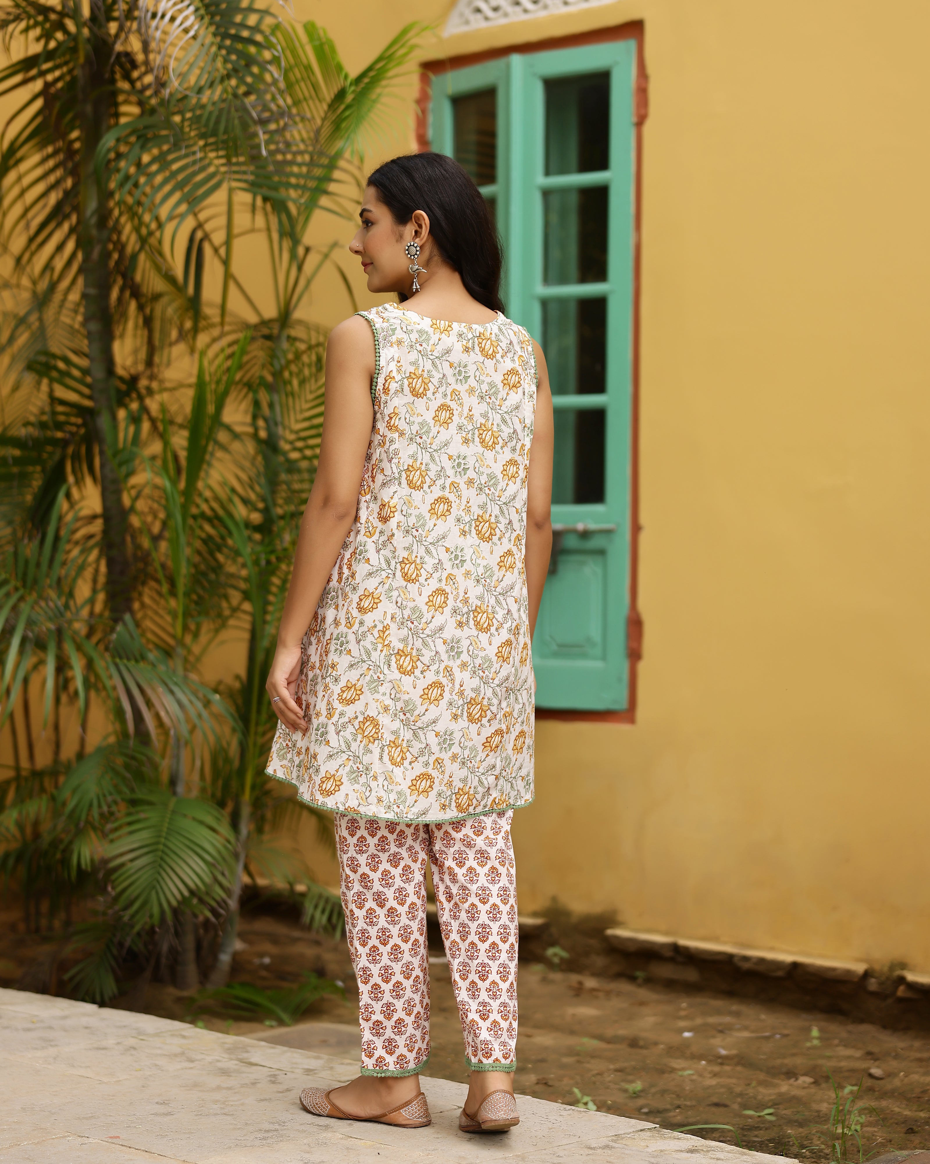 White & Yellow Block Printed Cotton Cord Set