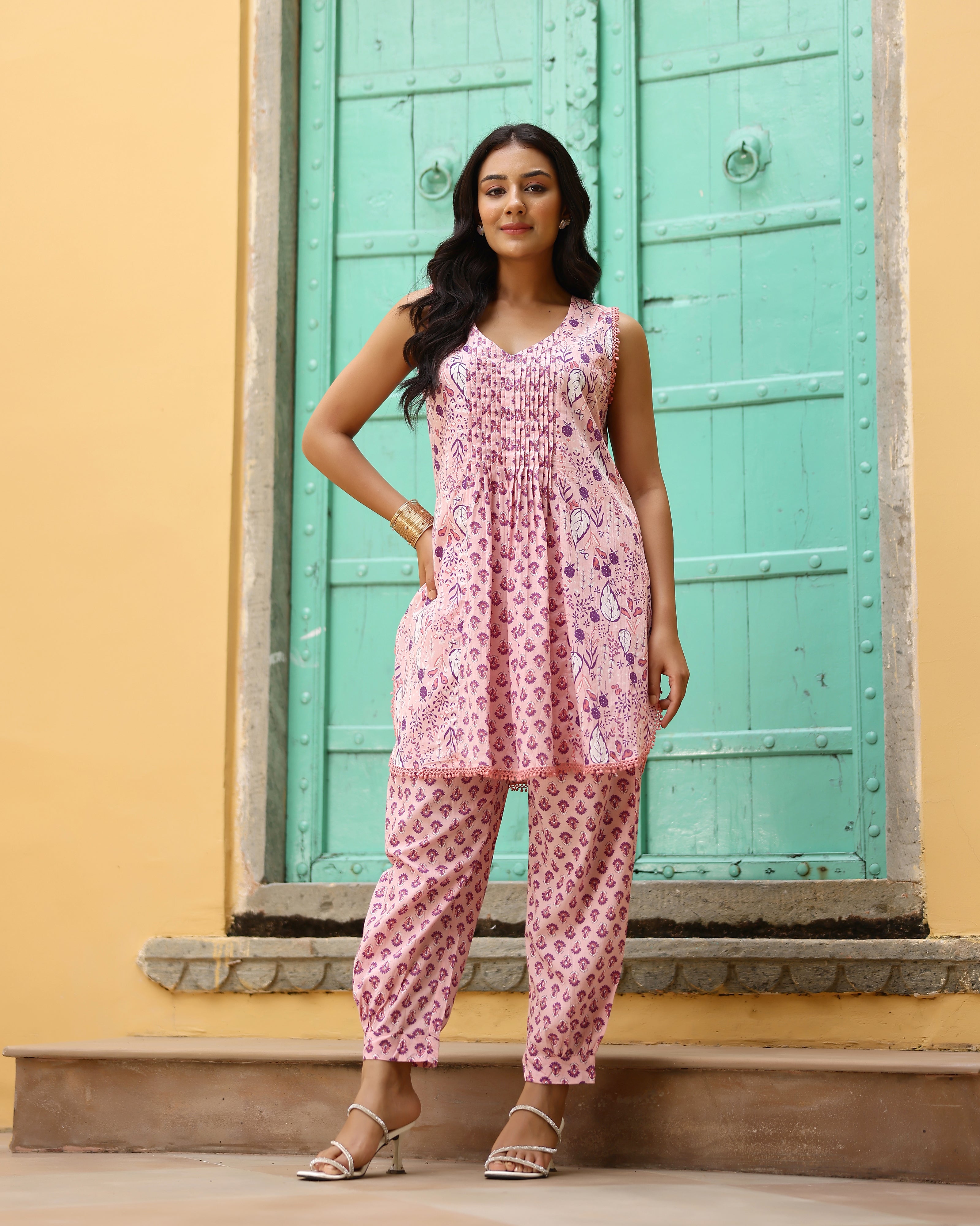 Baby Pink Block Printed Cotton Cord Set