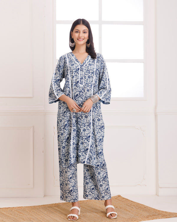 Indigo & White Dabu Hand Block Printed Cotton Kurta Pant