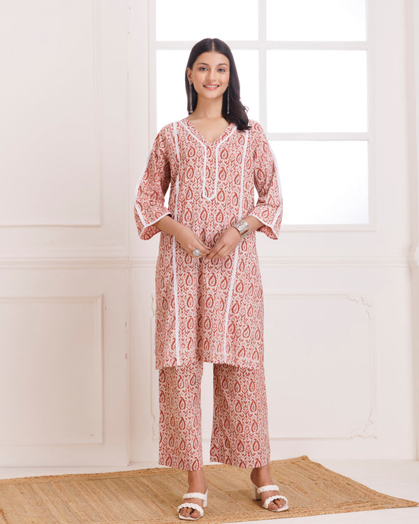 Beige & Pink Dabu Hand Block Printed Cotton Kurta Pant