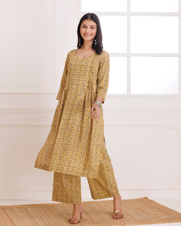 Mustard Bagru Hand Block Printed Cotton Pintucks Kurta Pant