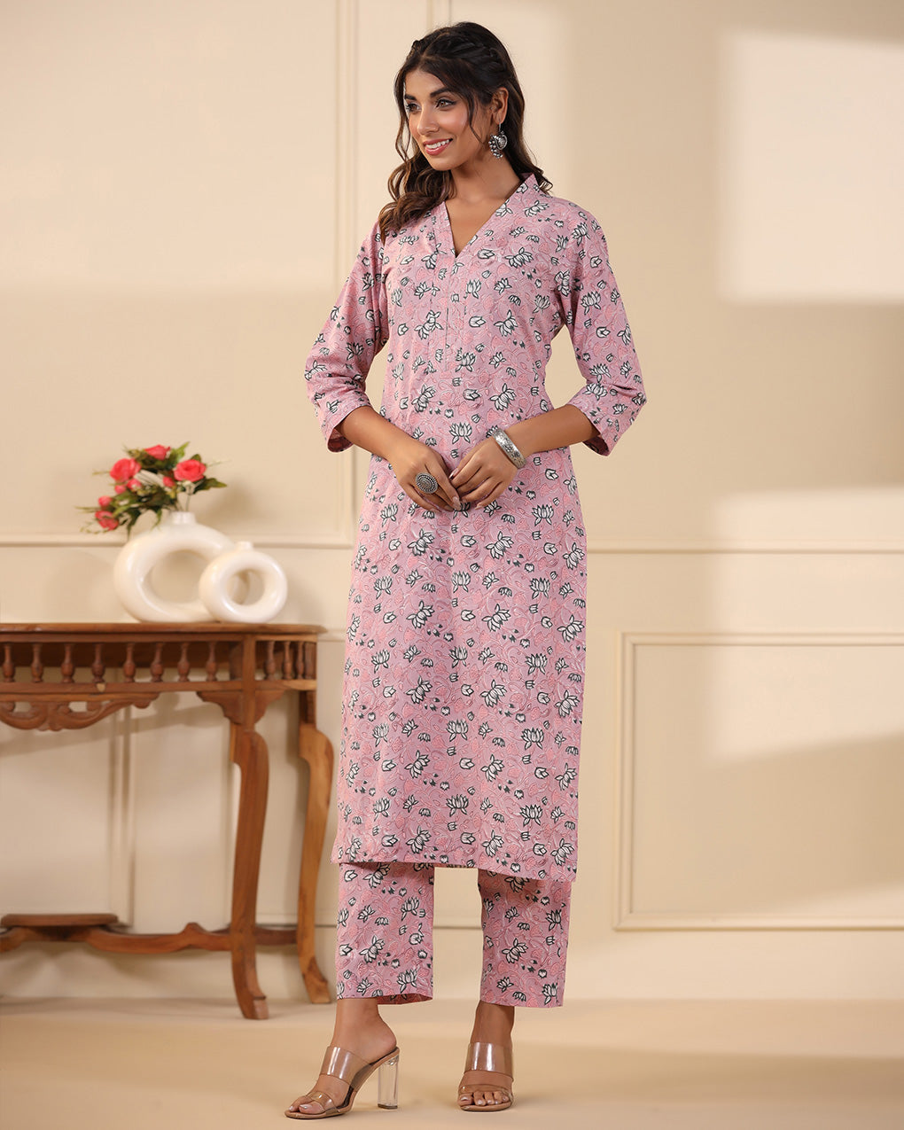 Sadabahaar Rose Pink Jaal Handblock Printed Cotton Kurta Pant