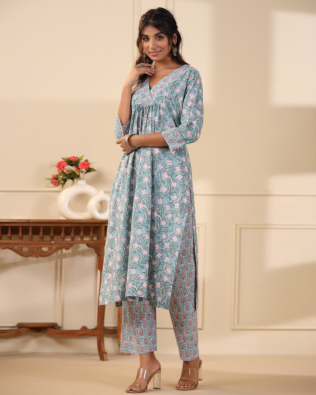 Sadabahaar Aqua & Pink Jaal Handblock Printed Cotton Kurta Pant