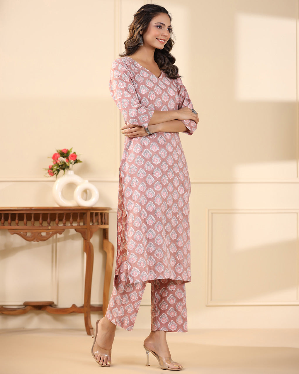 Sadabahar Mauve Buti Handblock Print Cotton Kurta & Pant Set