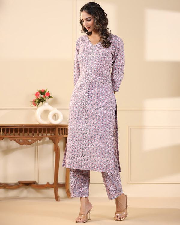 Sadabahaar Lilac Butti Handblock Printed Cotton Kurta Pant Set