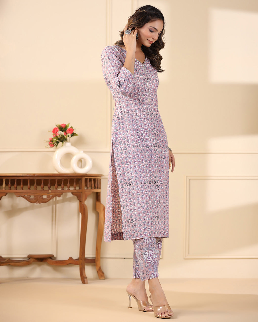 Sadabahaar Lilac Butti Handblock Printed Cotton Kurta Pant Set