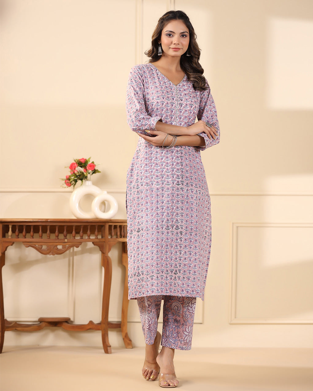 Lilac Butti Handblock Printed Cotton Kurta Pant Set