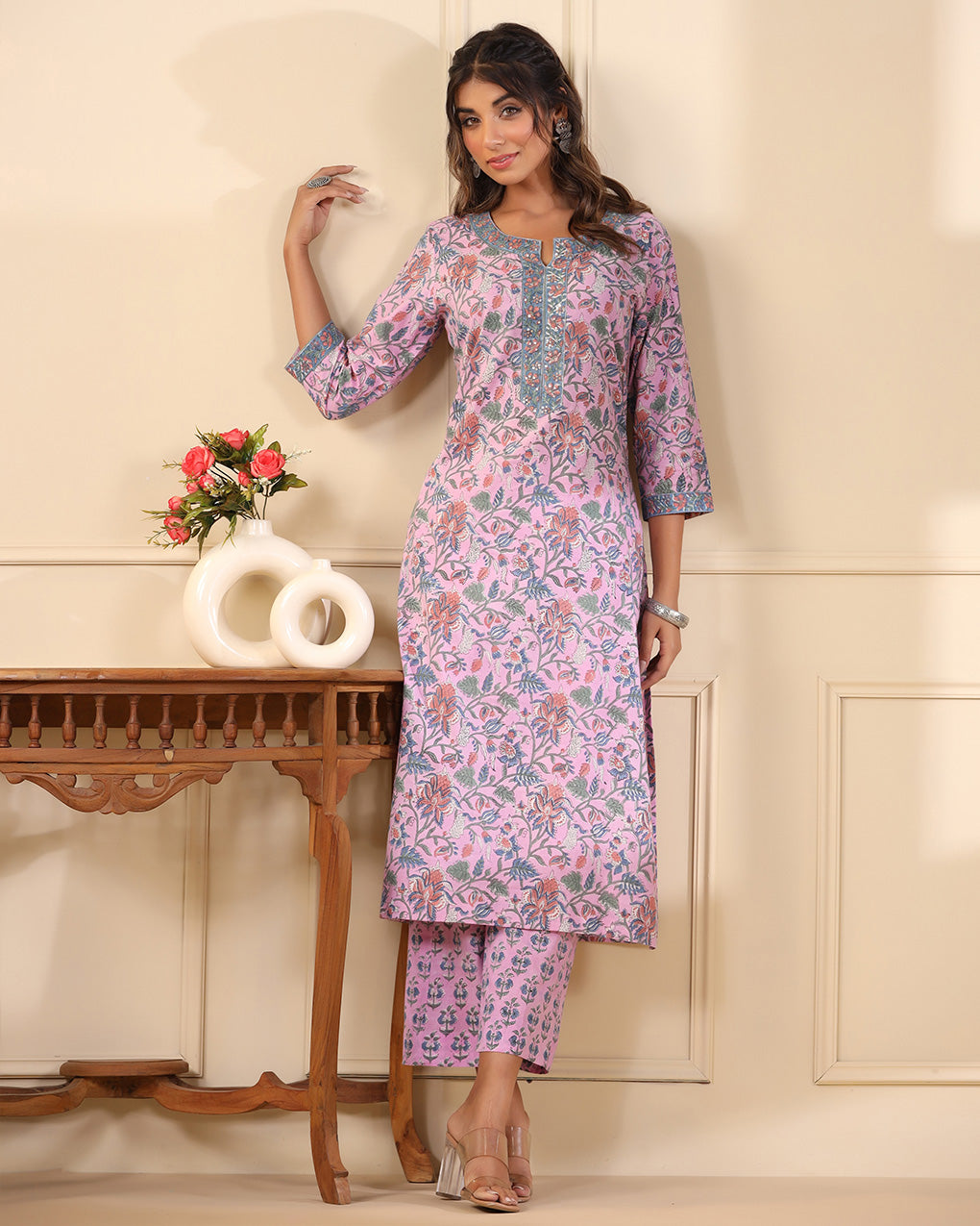 Sadabahaar Lavender Jaal Handblock Printed Cotton Kurta Pant Set