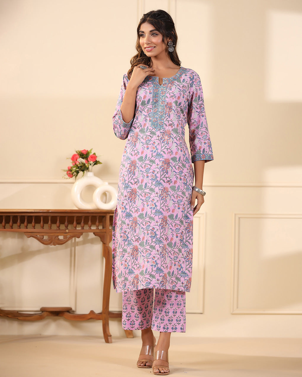 Sadabahaar Lavender Jaal Handblock Printed Cotton Kurta Pant Set