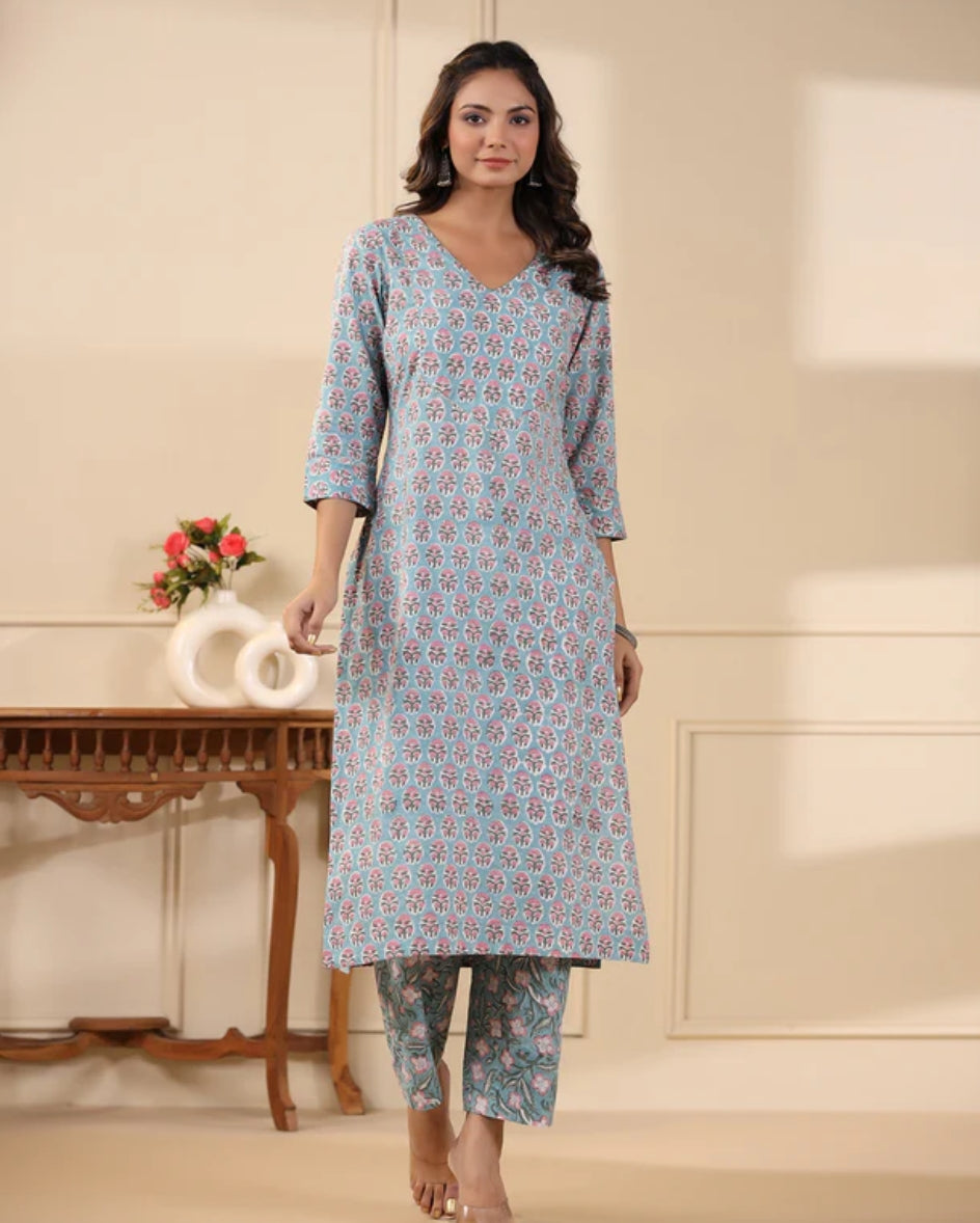 Sadabahaar Aqua Butti Handblock Printed Cotton Kurta Pant Set