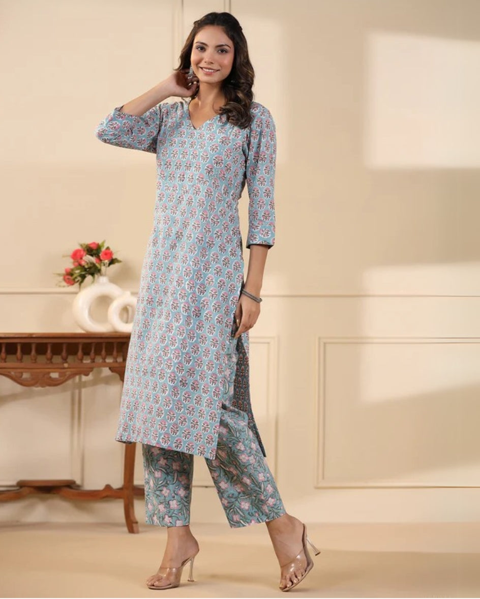 Sadabahaar Aqua Butti Handblock Printed Cotton Kurta Pant Set