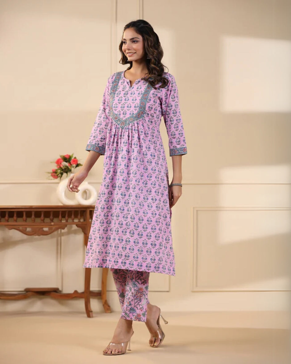 Lavender Butti Handblock Printed Cotton Kurta Pant