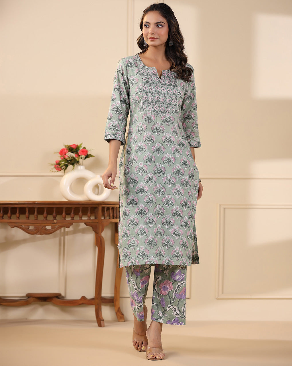Sadabahaar Sea Green & Pink Butti Handblock Printed Cotton Kurta Pant Set