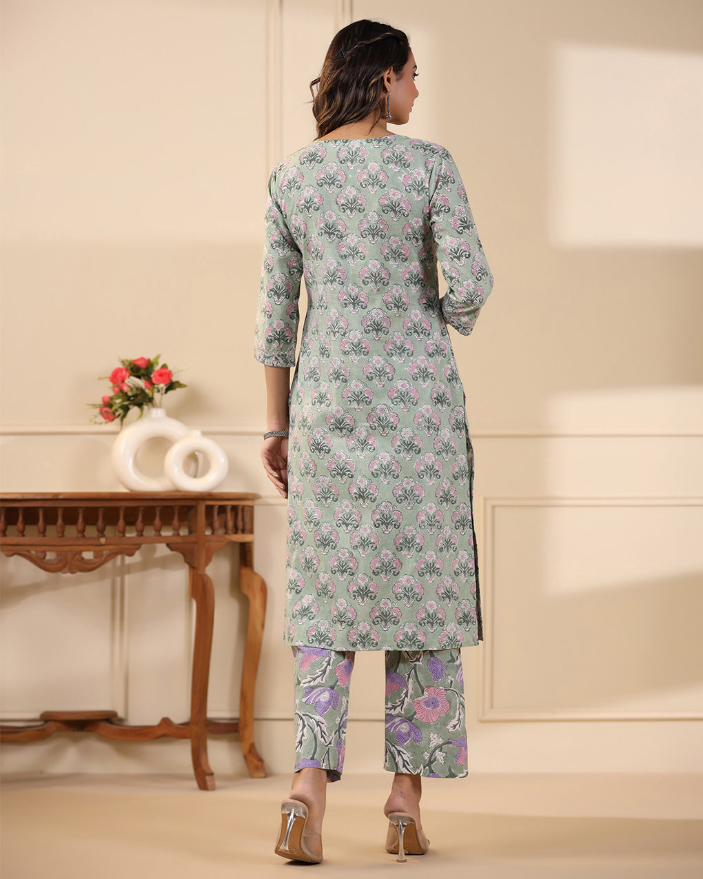 Sadabahaar Sea Green & Pink Butti Handblock Printed Cotton Kurta Pant Set