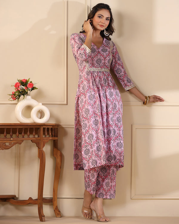 Sadabahaar Pink Jaal Handblock Printed Cotton Kurta Pant Set