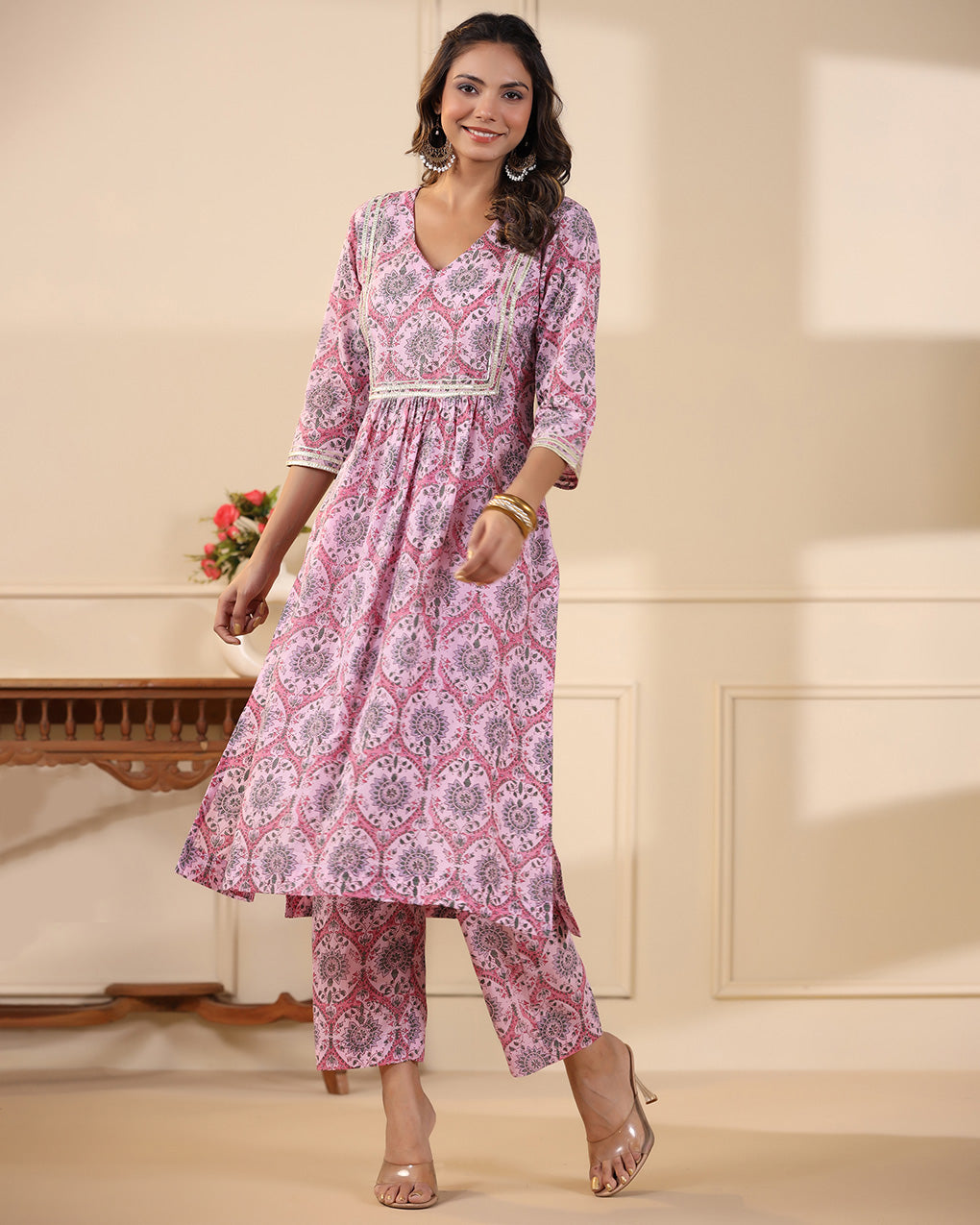 Sadabahaar Pink Jaal Handblock Printed Cotton Kurta Pant Set