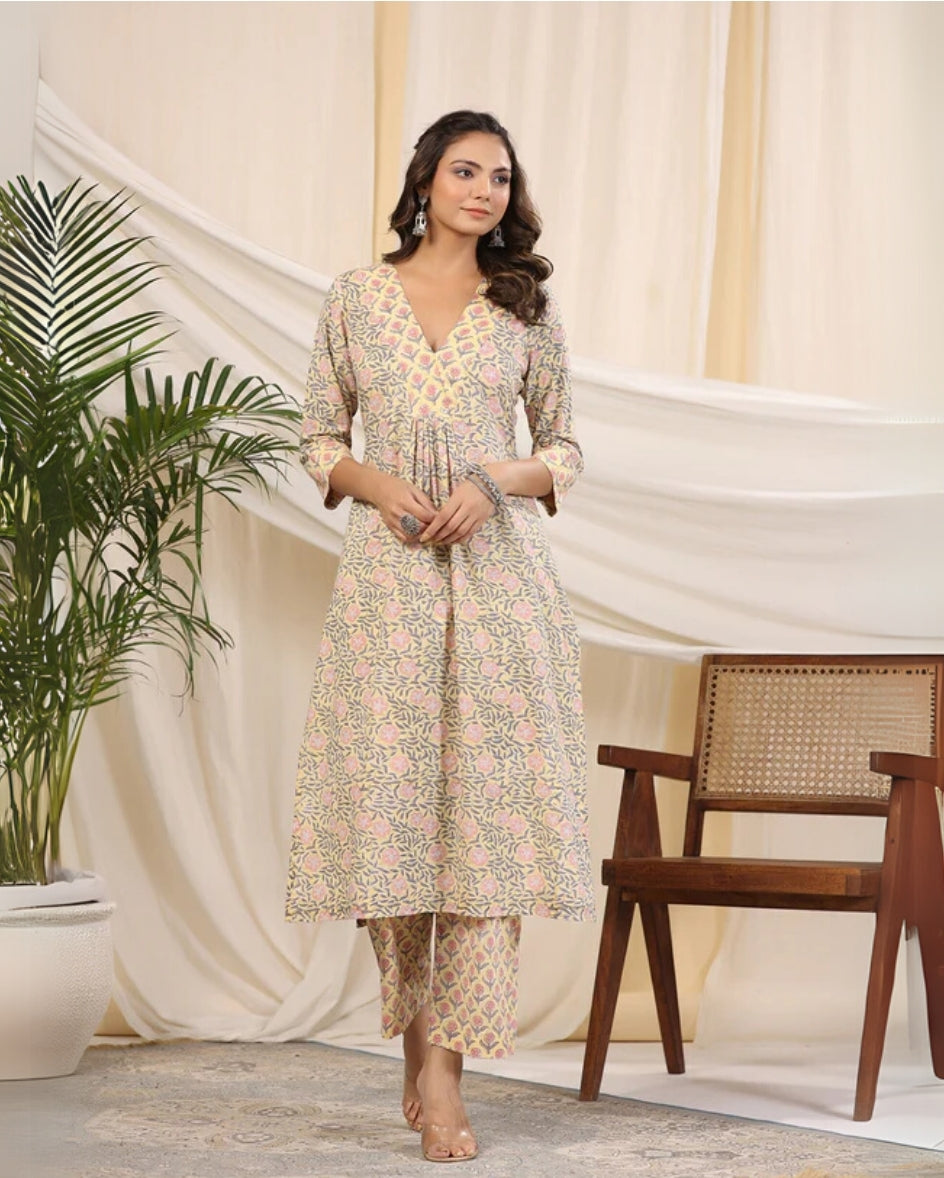Sadabahaar Yellow & Gray Jaal Handblock Printed Cotton Kurta Pant Set