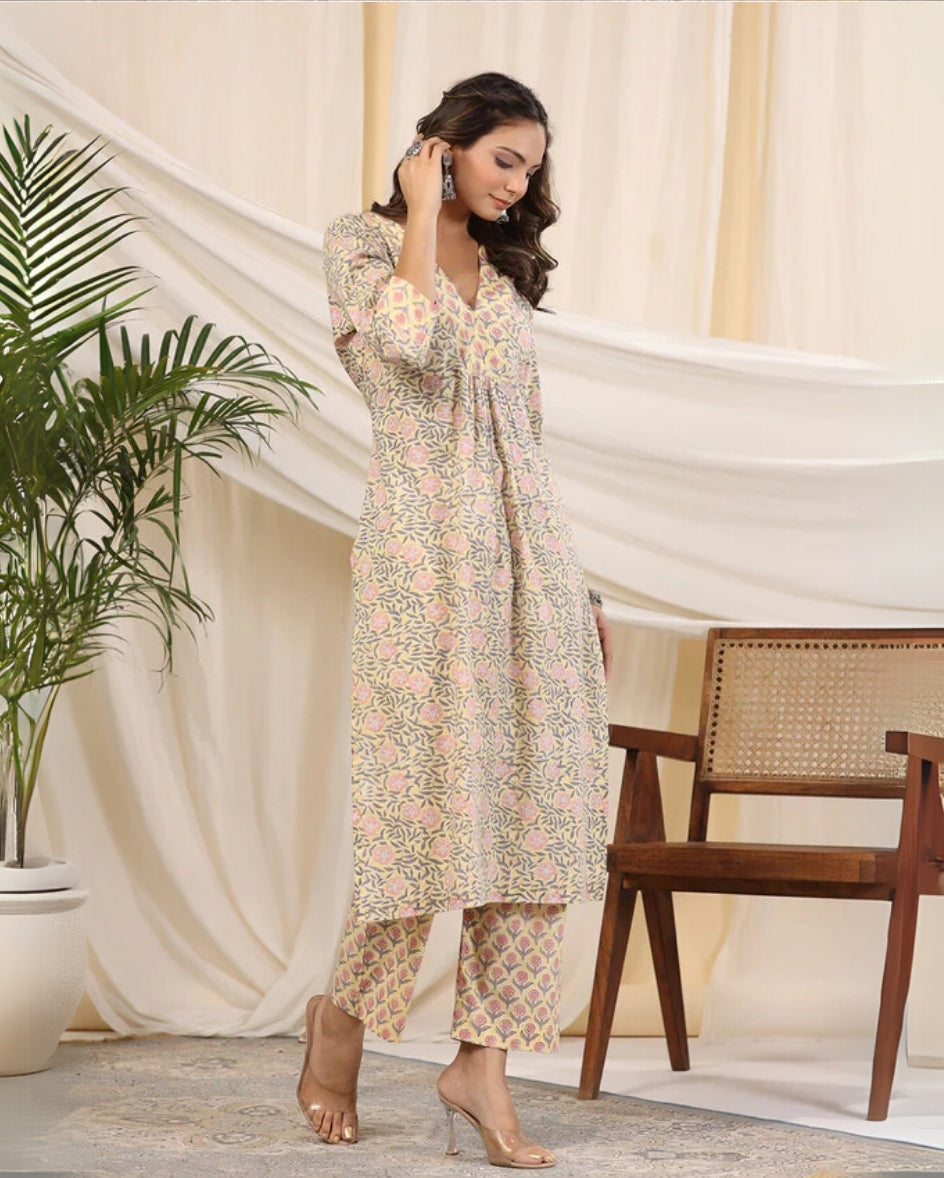 Sadabahaar Yellow & Gray Jaal Handblock Printed Cotton Kurta Pant Set